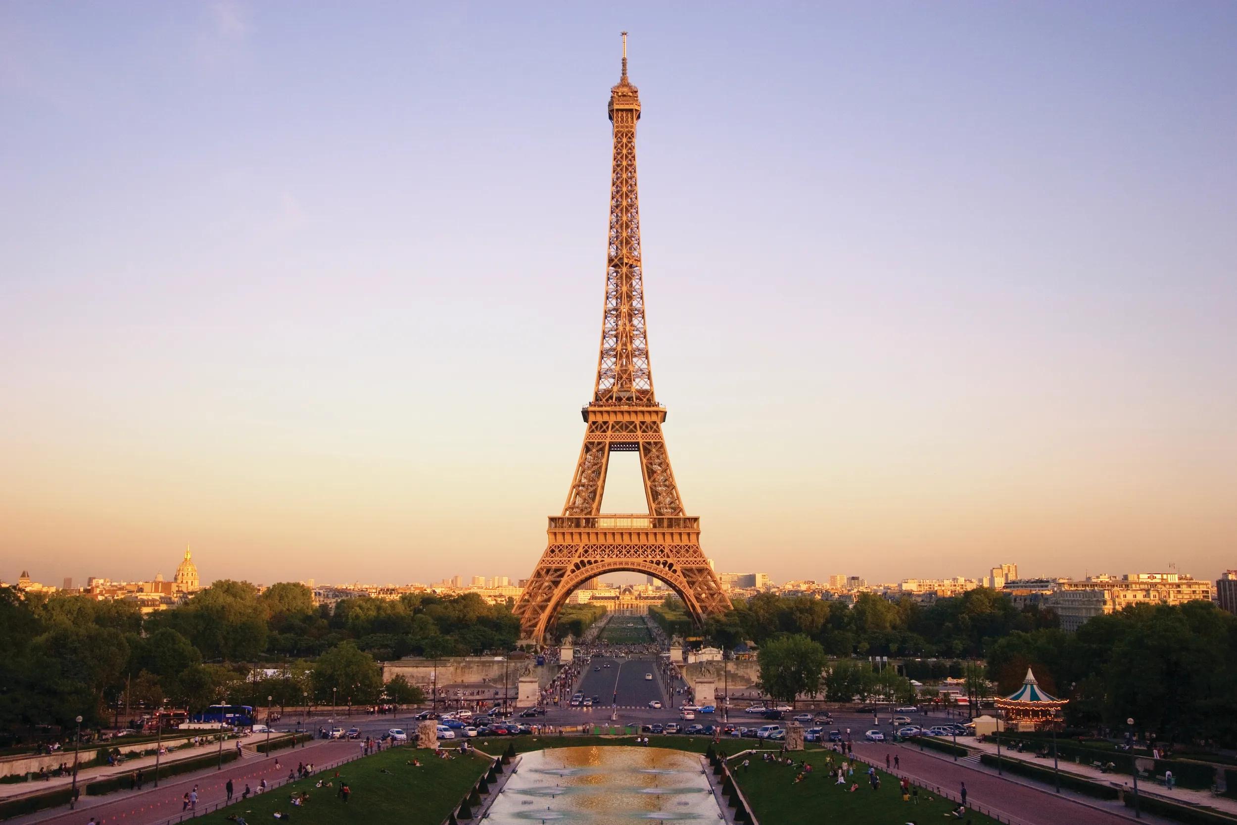 The Eiffel Tower is a wrought iron lattice tower on the Champ de Mars in Paris, France.