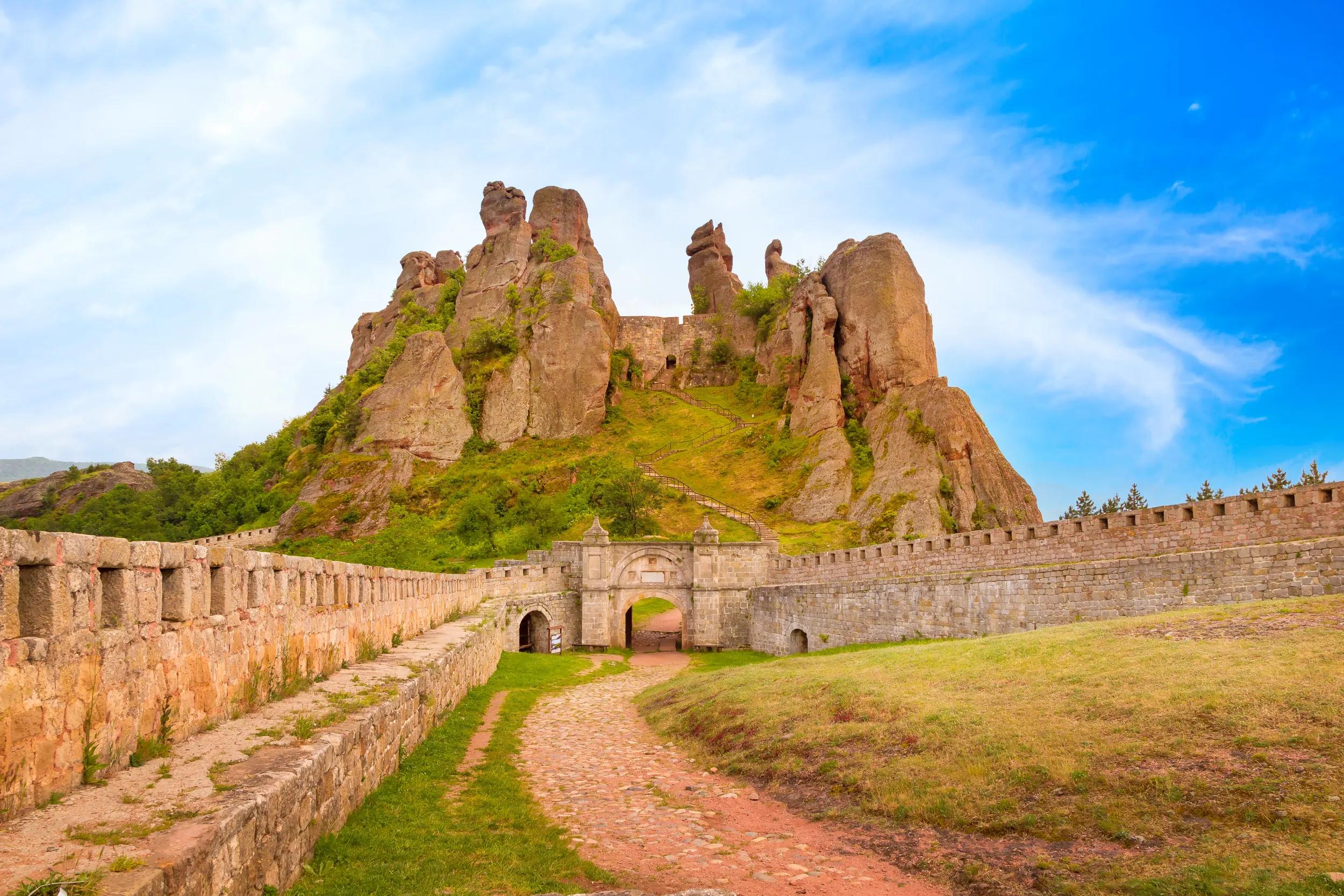 Belogradchik cliff rocks and wall at ancient Kaleto, landmark of Bulgaria