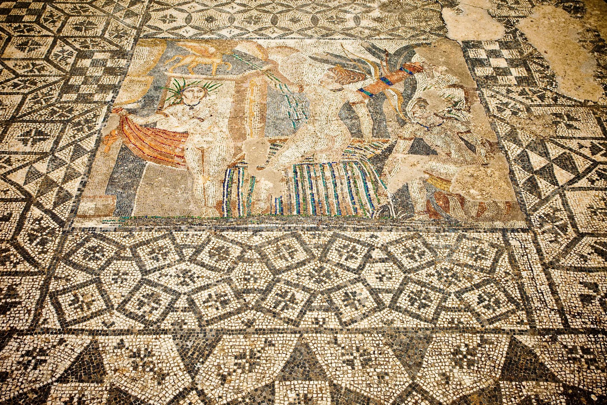 One of the most impressive mosaics at Volubilis, Abduction of Hylas by the Nymphs, at the House of Venus.