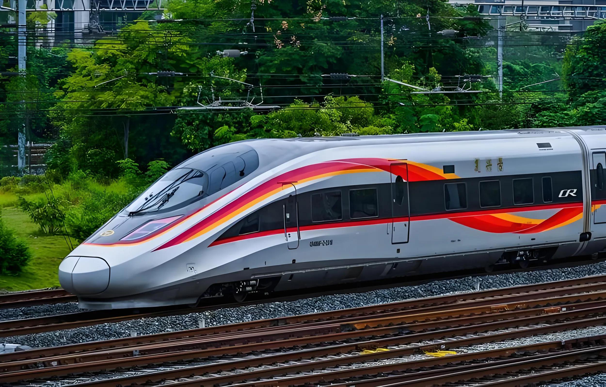 Exterior view of Fu Xing Hao - A Chinese high-speed electric bullet train operating at speeds up to 400km.