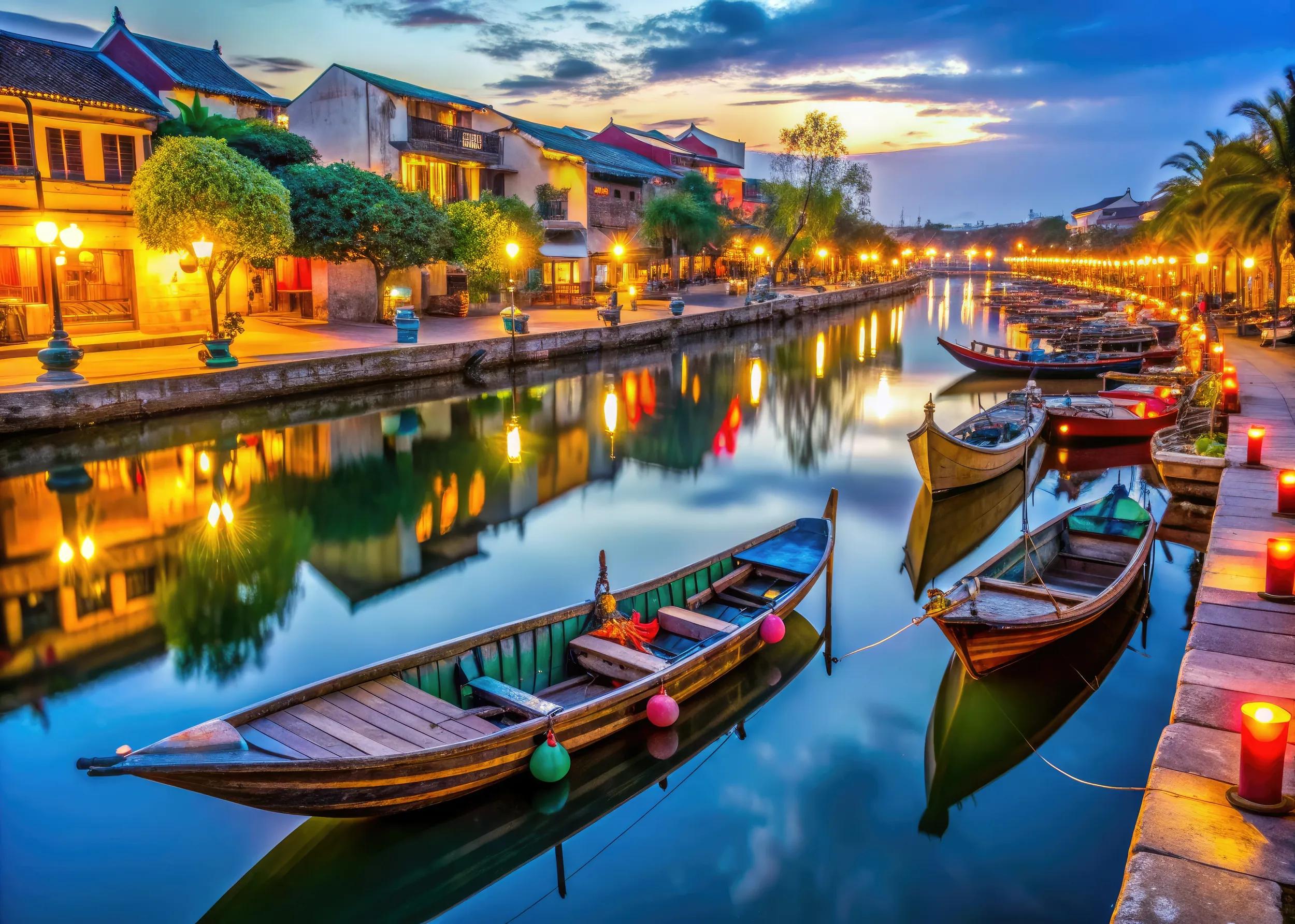 Vibrant lantern-adorned boats line the historic waterfront in Hoi An's old town, awaiting visitors for a serene river ride beneath the town's charming atmosphere.