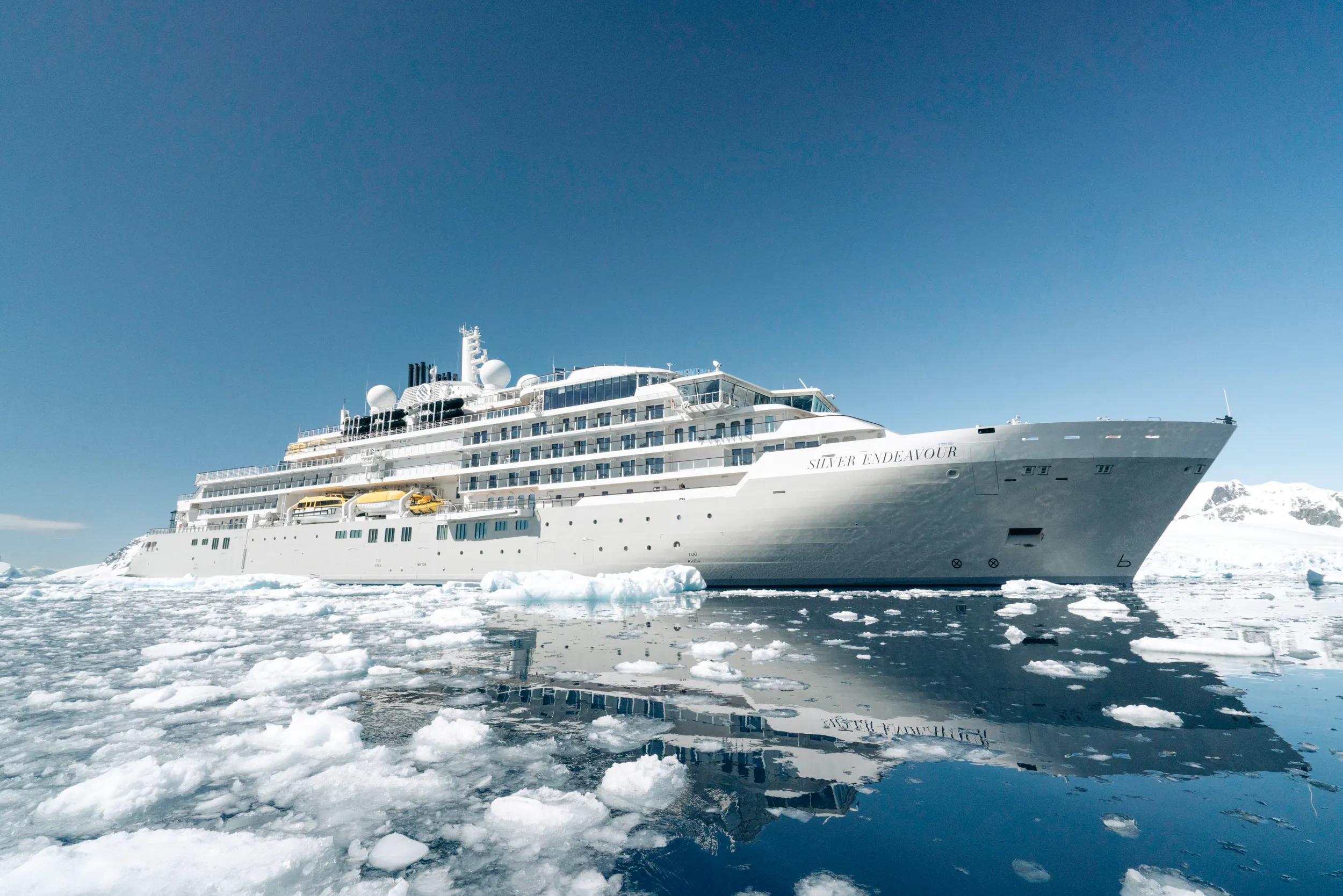 SILVER ENDEAVOUR AT ANCHOR IN PETERMANN ISLAND SURROUNDED WITH ICE ALL AROUND