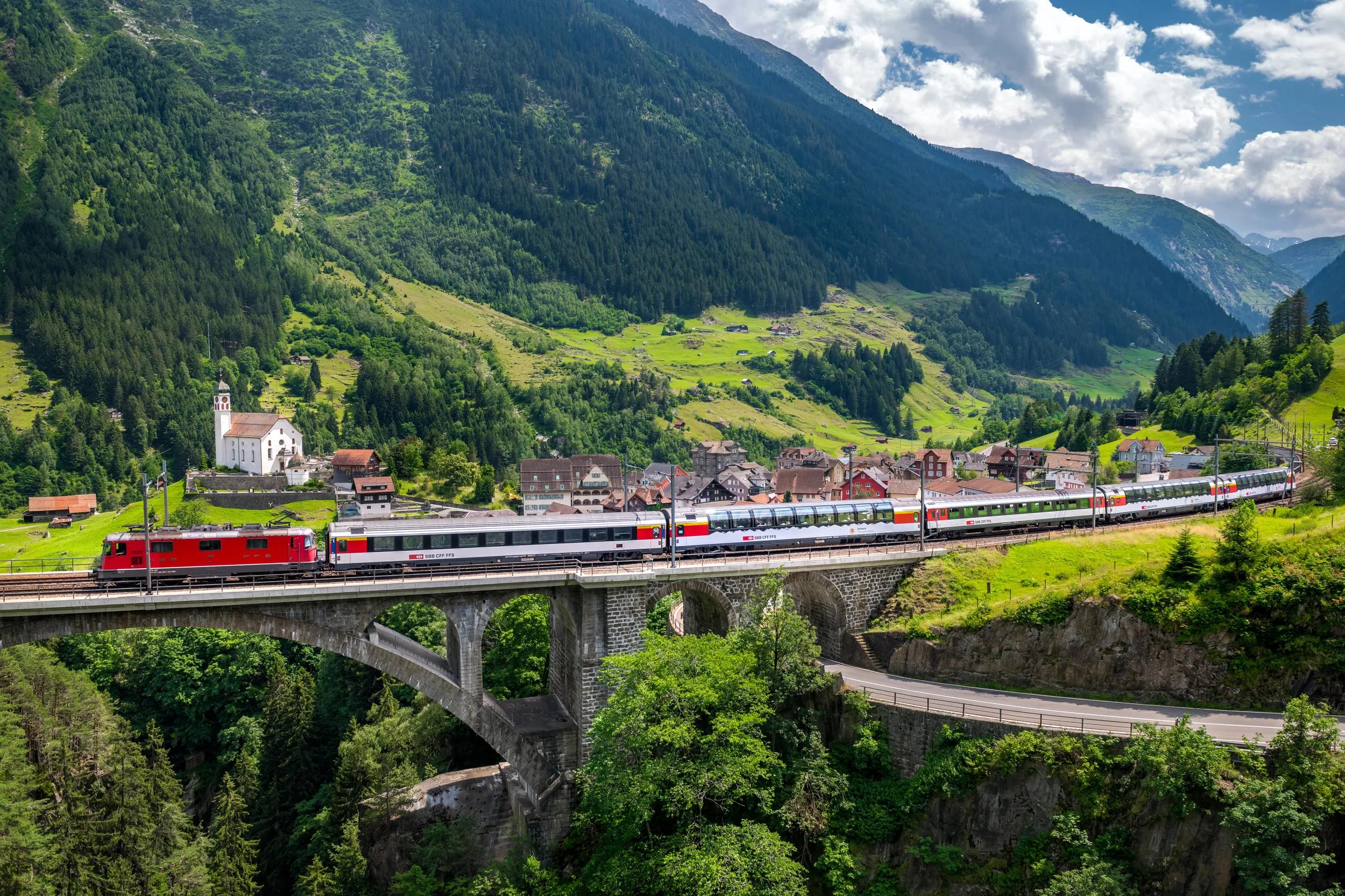 Gotthard Panorama Express with the church of Wassen