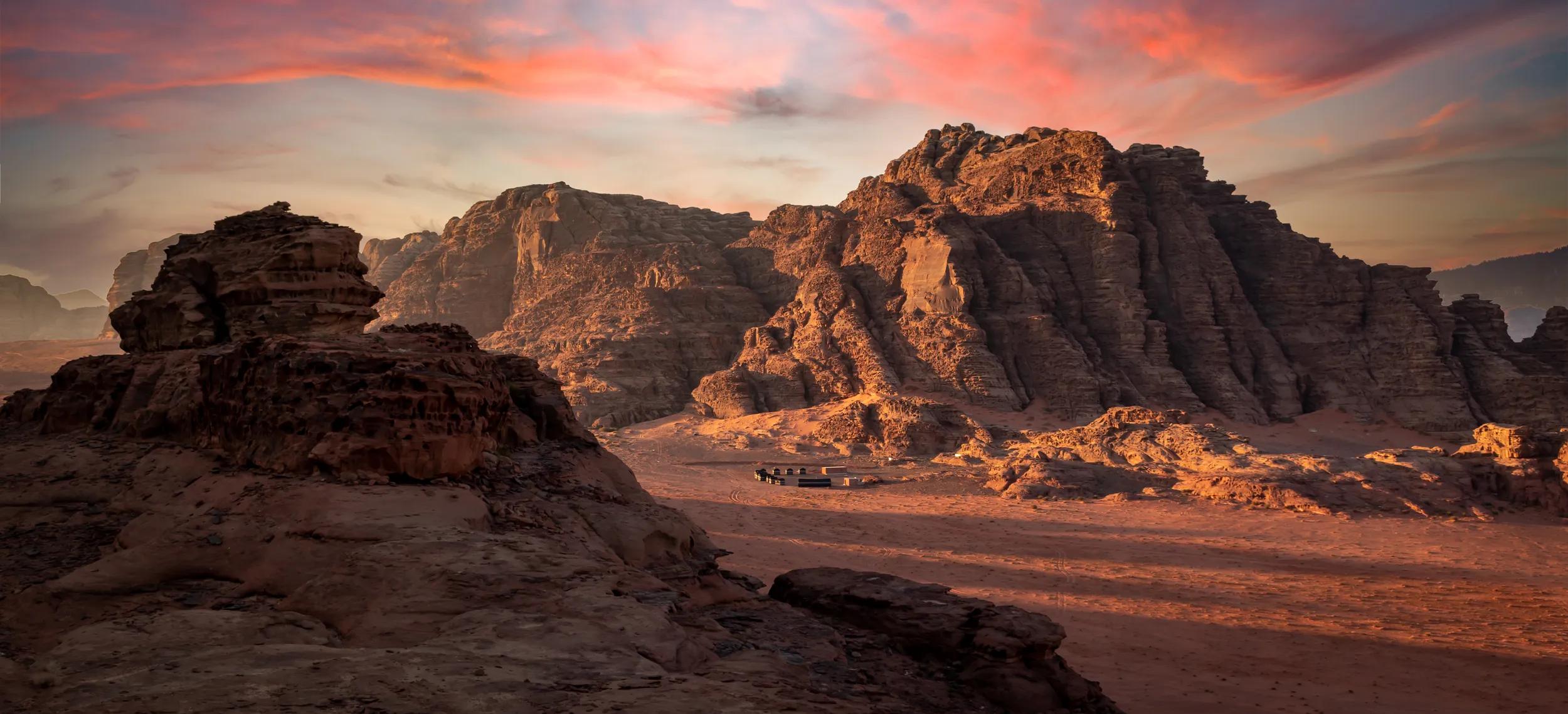 Beduin camps offer tourist accommodation in the Wadi Rum desert under the clear skies and amazing sunrises.