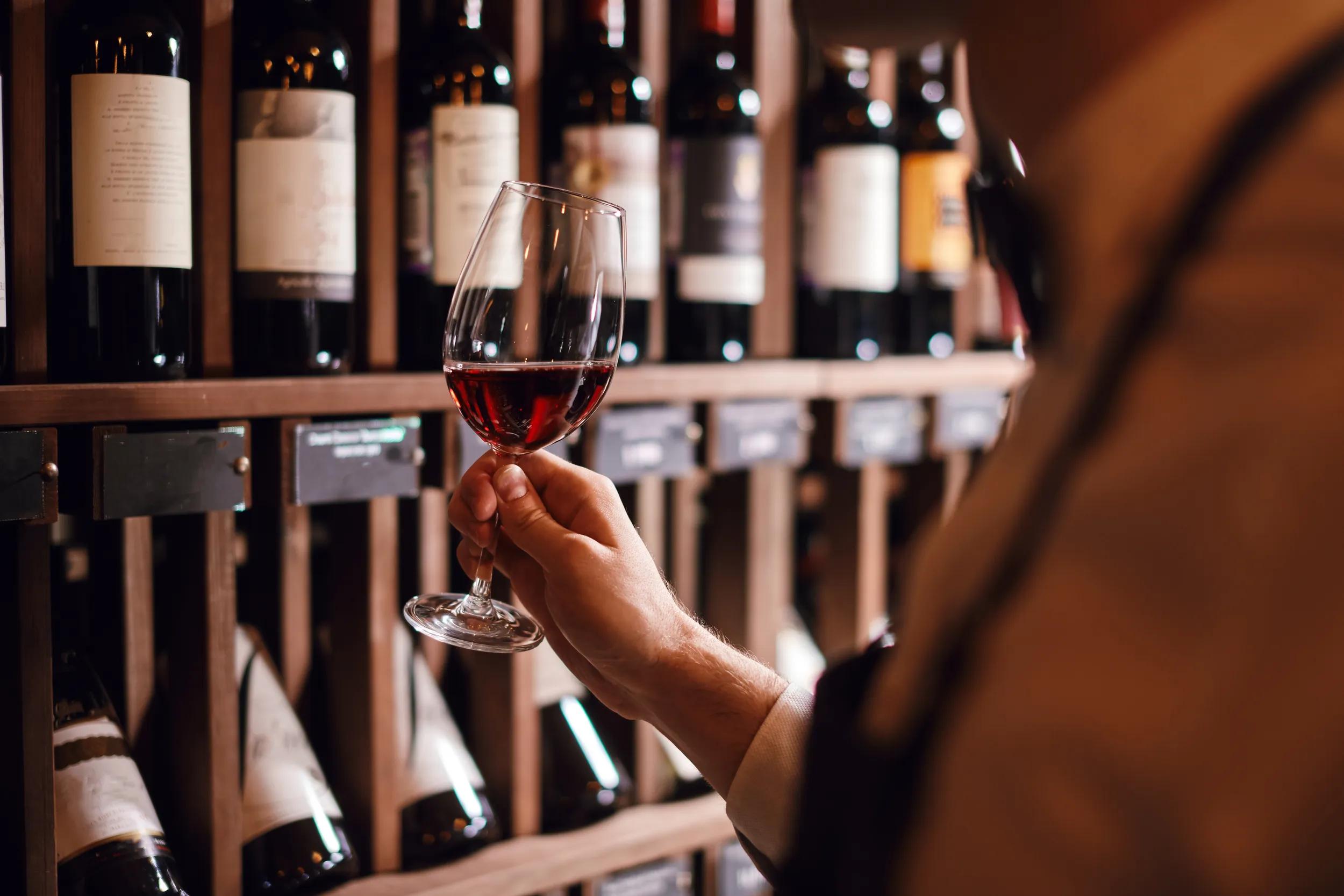 Bartender or male cavist standing near the shelves of wine bottles holds a glass of wine, looks at tint and smells flavor of wine in glass.