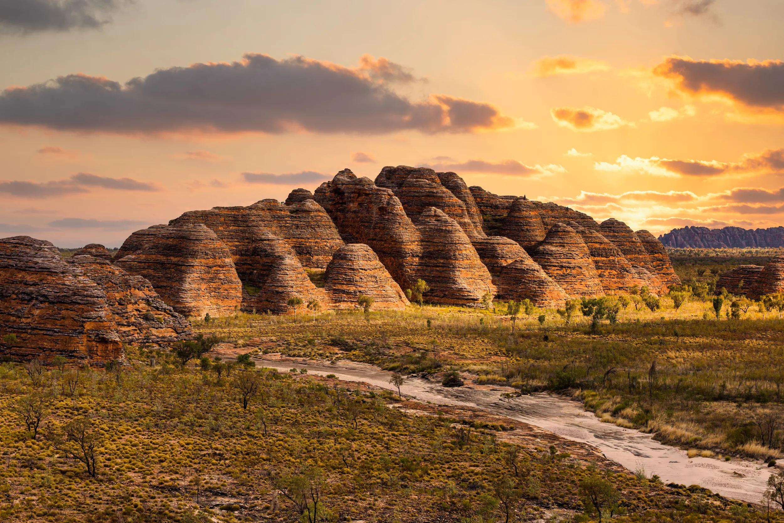 Bungle Bungle Range, Purnululu National Park, Kimberley Region, Western Australia, Australia. Sunset