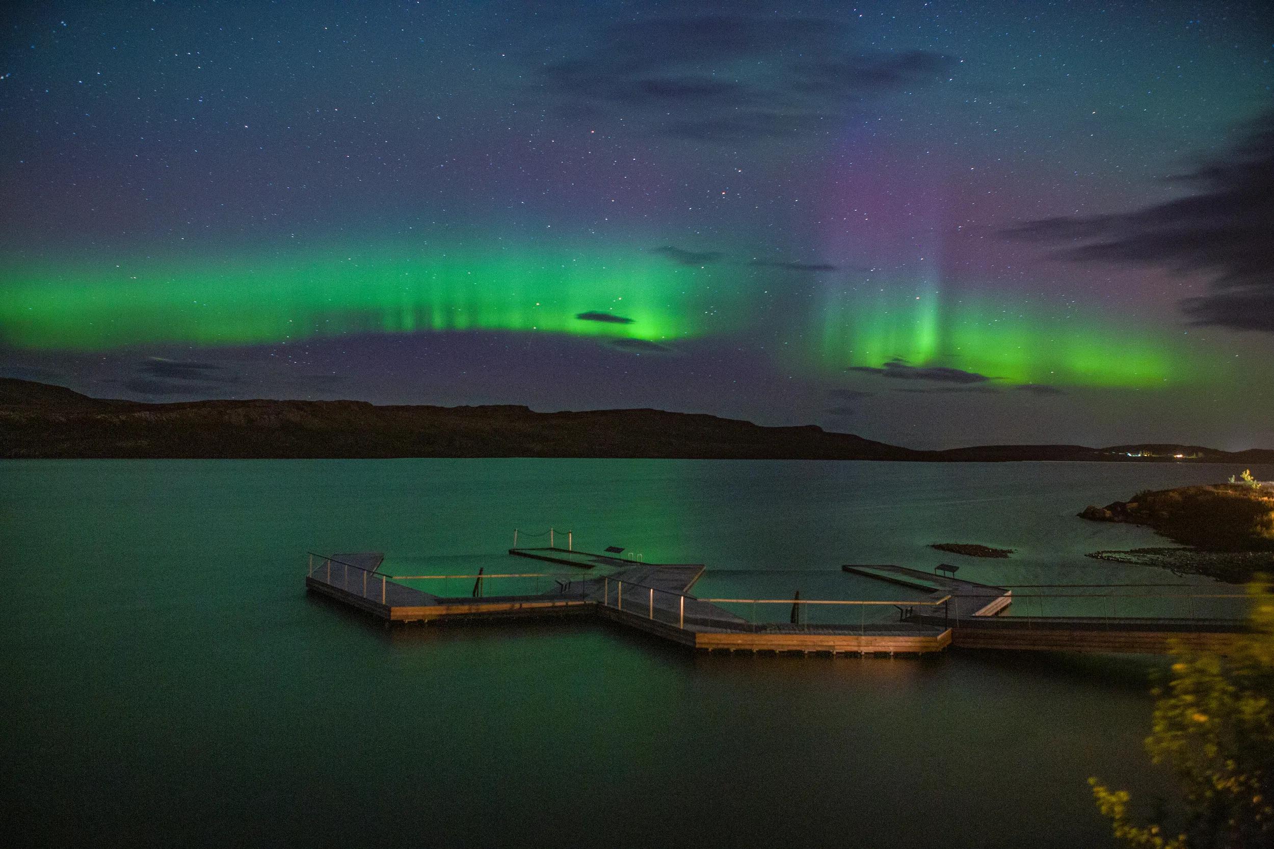 Northern Lights seen from Vök Baths, Iceland.
