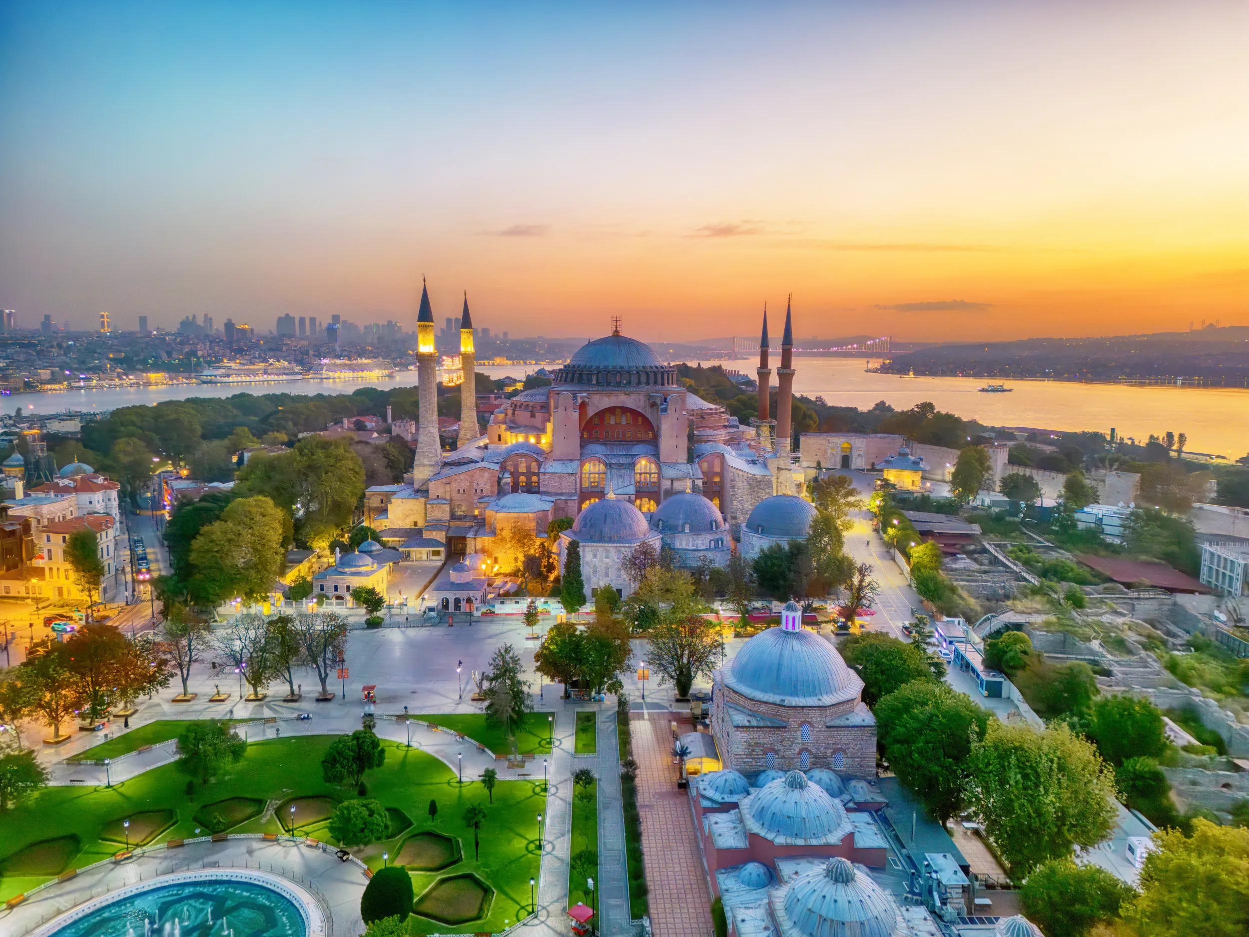 Aerial view of the Hagia Sophia and the Sultanahmet Square in Istanbul, Turkey