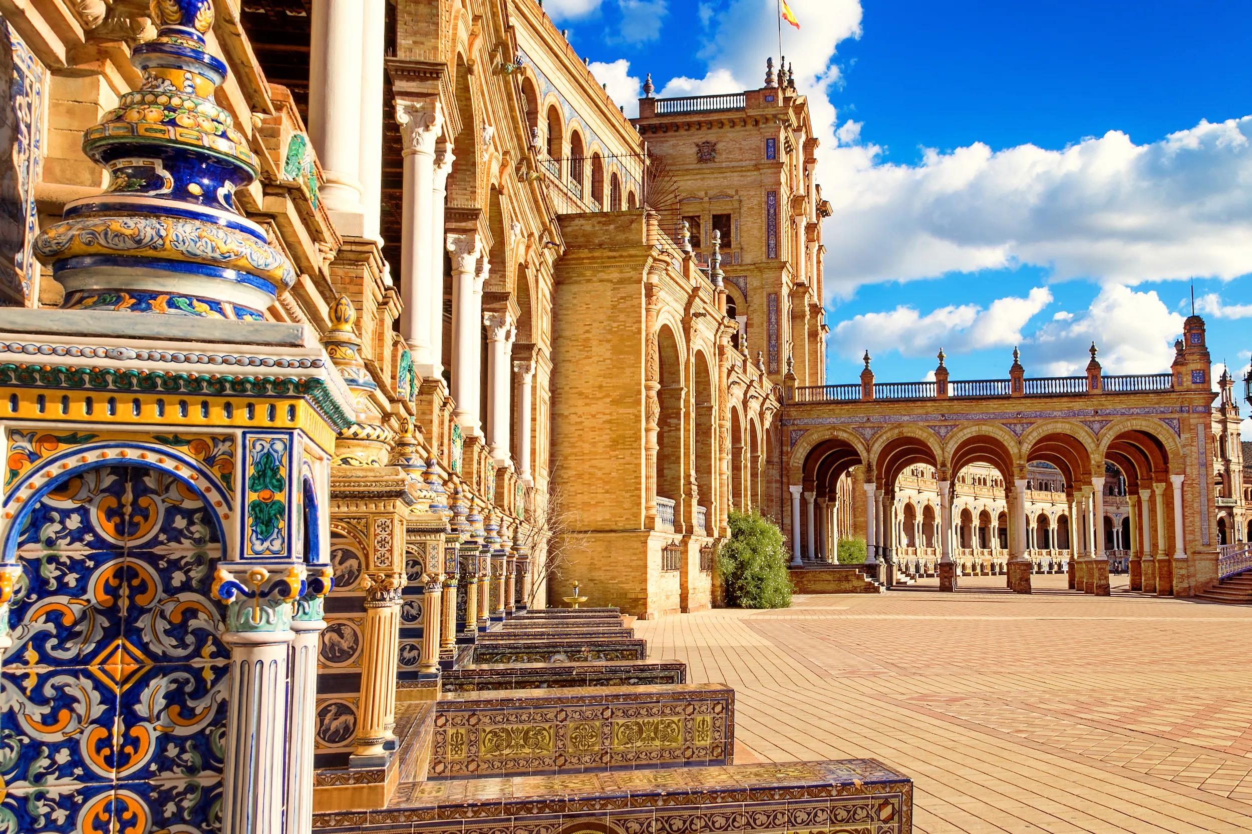Plaza España close to the centre of Seville, Southern Spain. The Plaza with its impressive buildings have been the backdrop for the filming af a.o. Starwars-1 and 2.