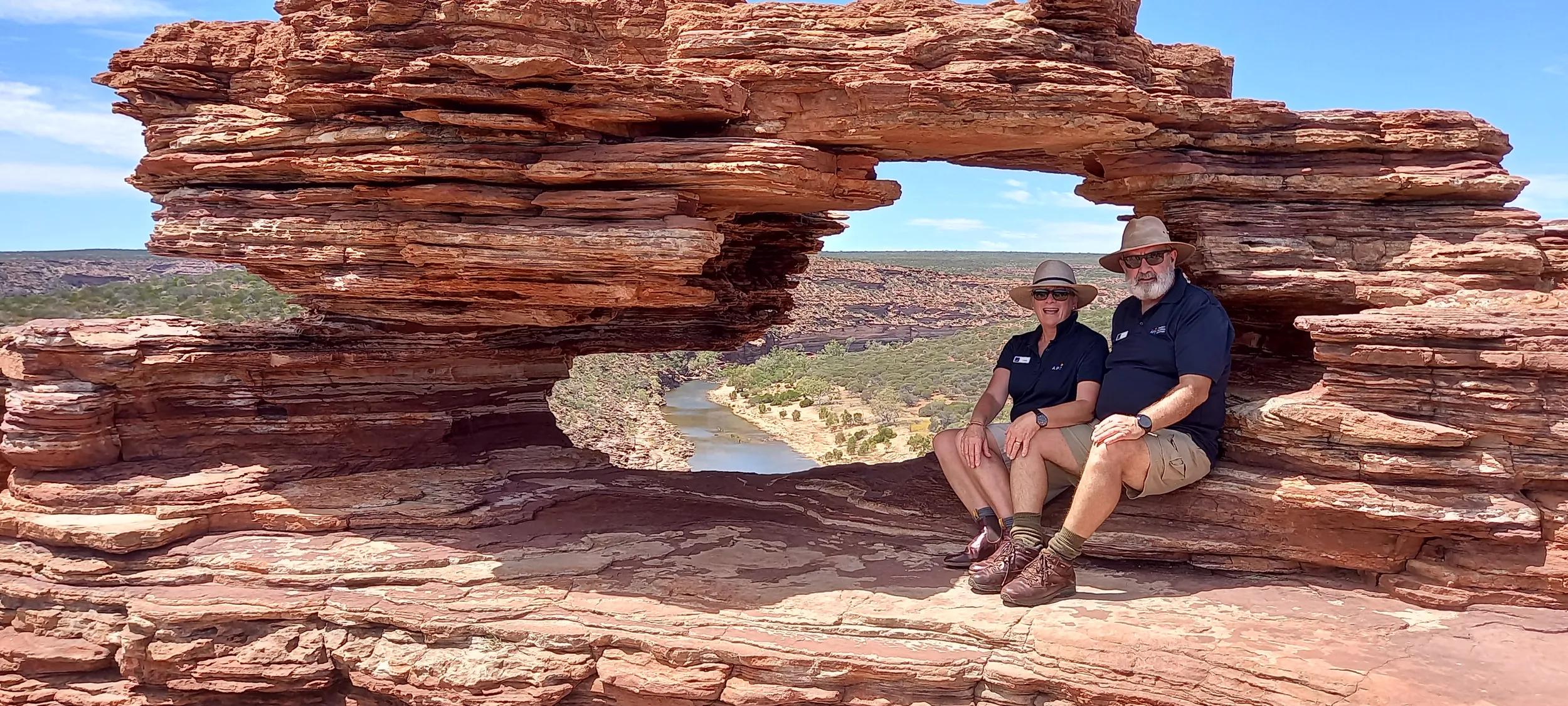 APT Driver and Tour Guides Linda and Tony Goodlet at Natures WIndow, WA, Australia.