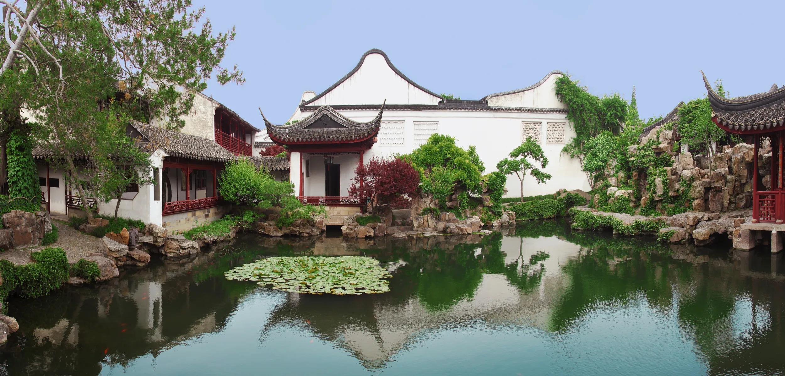 Wide panoramic picture of "Master of the nets" Chinese garden in Suzhou, near Shanghai.
