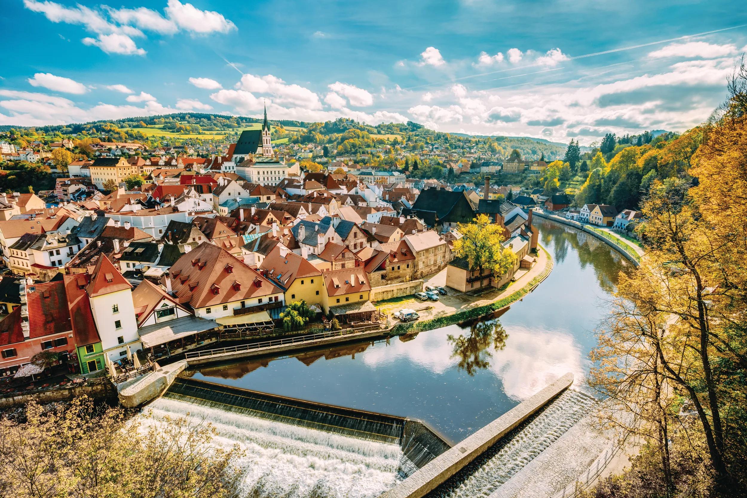 St. Vitus Church and cityscape Cesky Krumlov, Czech republic. Sunny autumn day. UNESCO World Heritage Site