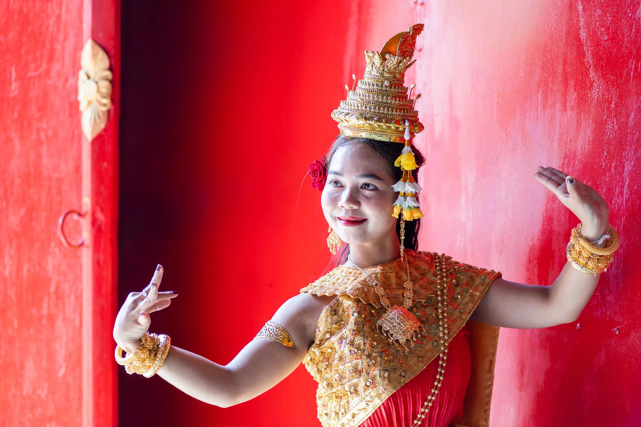 Traditional Khmer apsara dancers perform at a pagoda in Vietnam. The apsara represents an important motif in Khmer temples