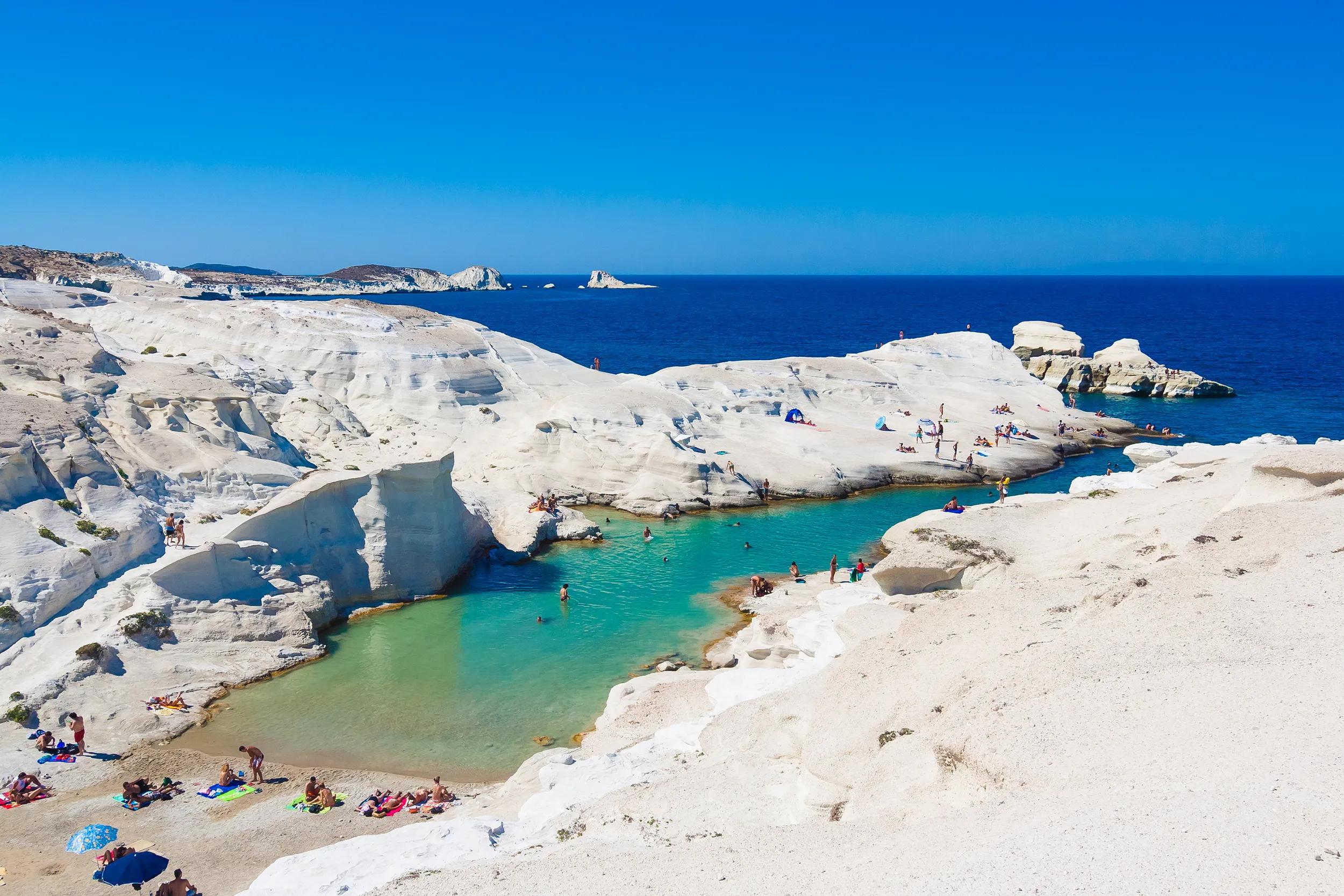 White sand Sarakiniko beach, Milos island, Cyclades, Greece