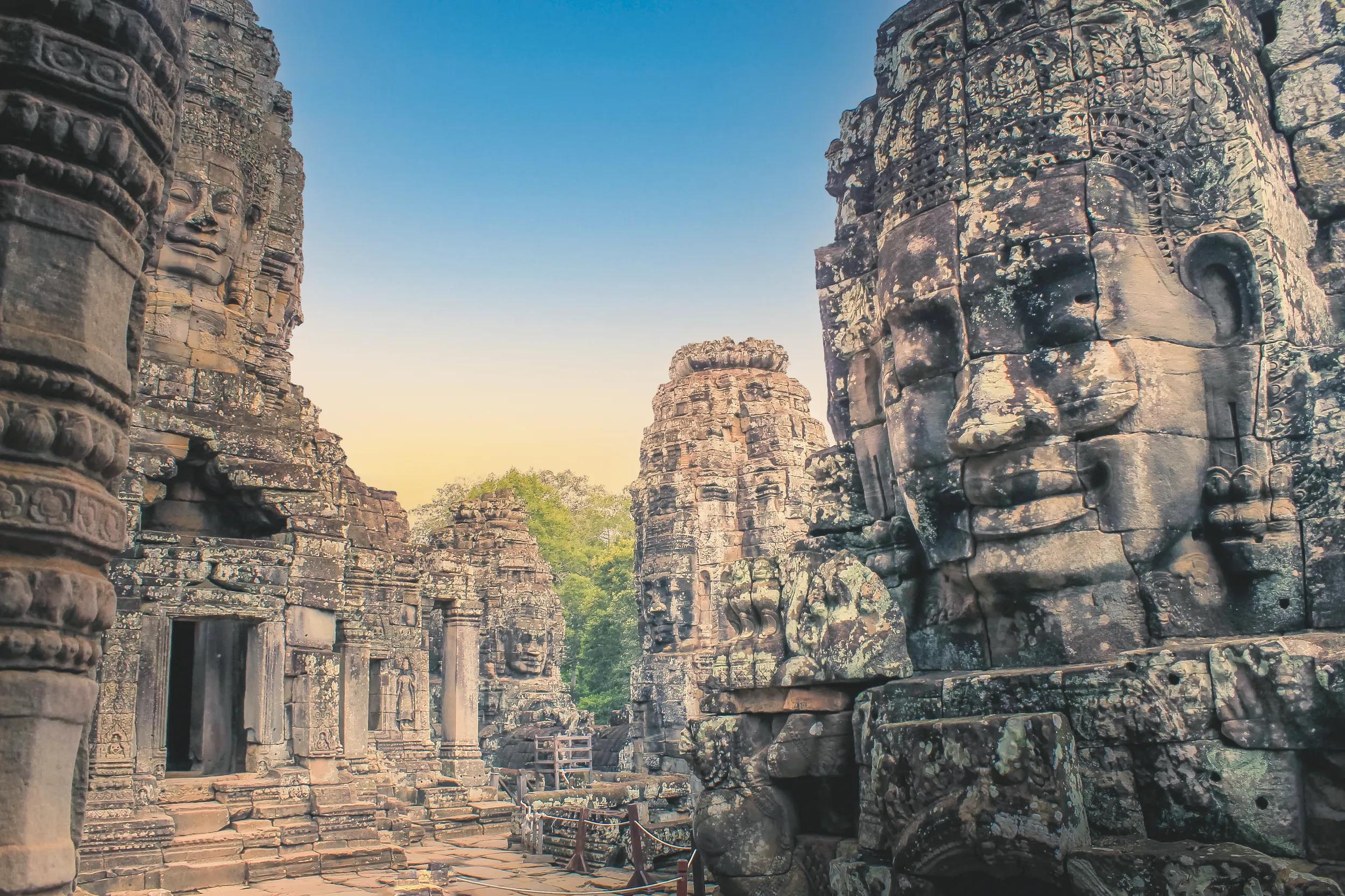 Bayon temple in Siem Reap ancient faces with cloudy day