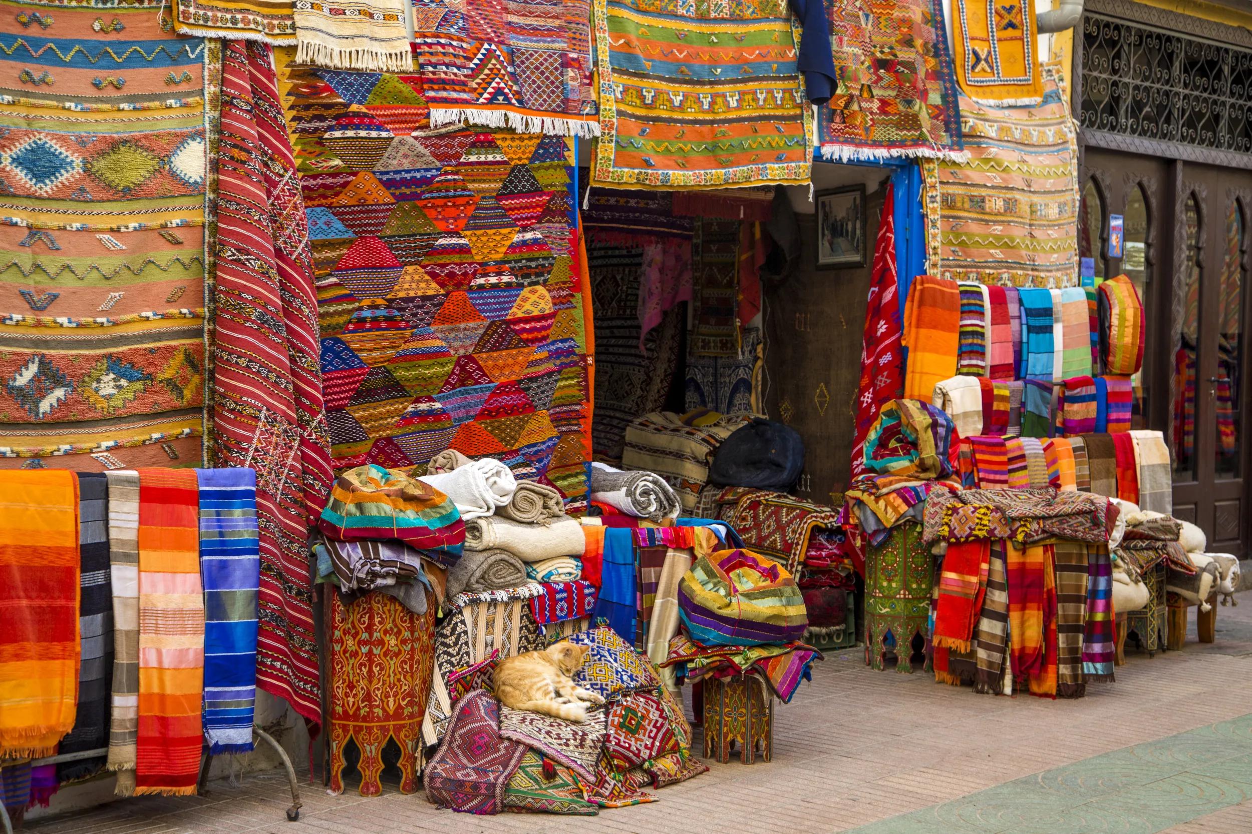 Colorful fabrics on the Agadir market in Morocco
