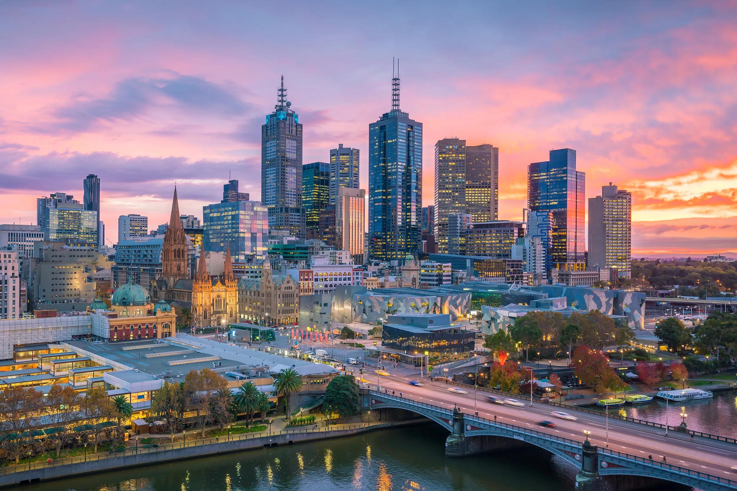 Melbourne city skyline at twilight in Victoria, Australia.