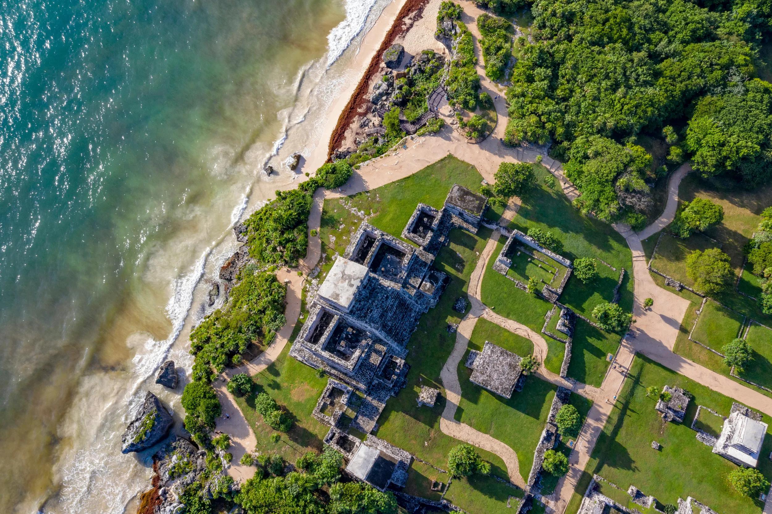 Ruins of tulum mexico aerial view.