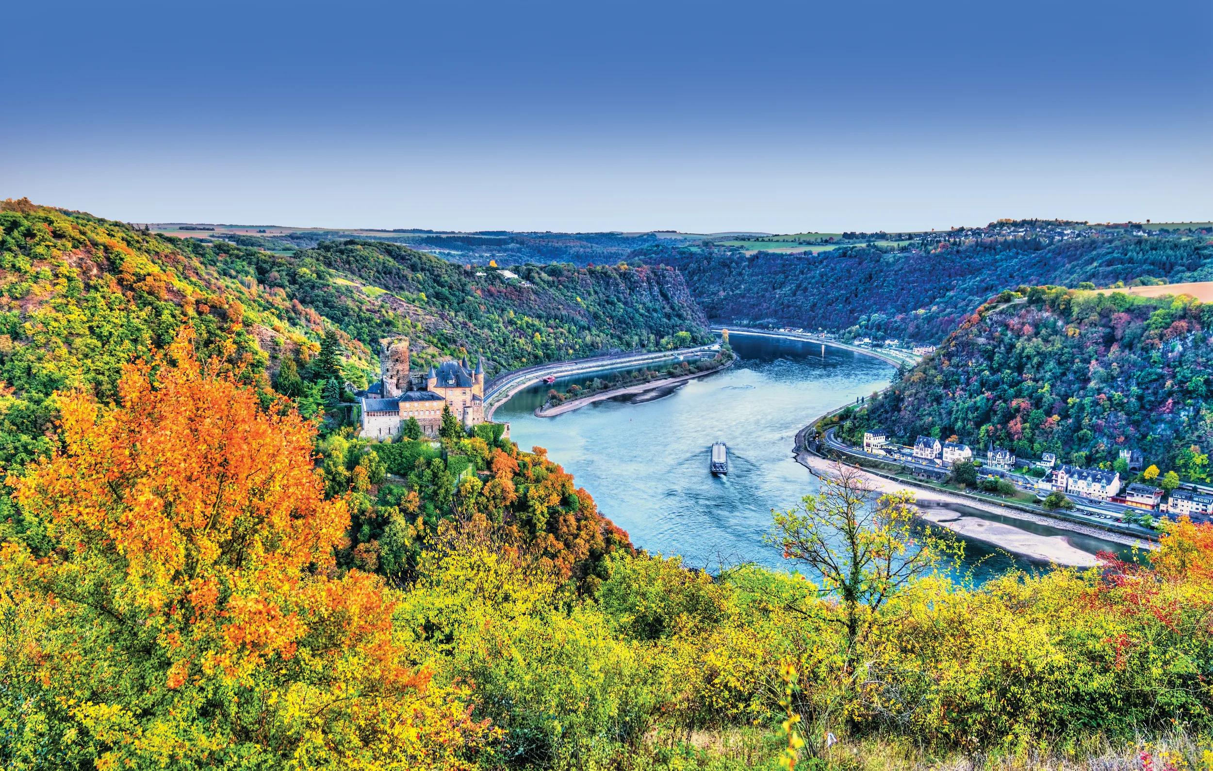 View of Katz Castle and the Middle Rhine Valley in autumn. Germany