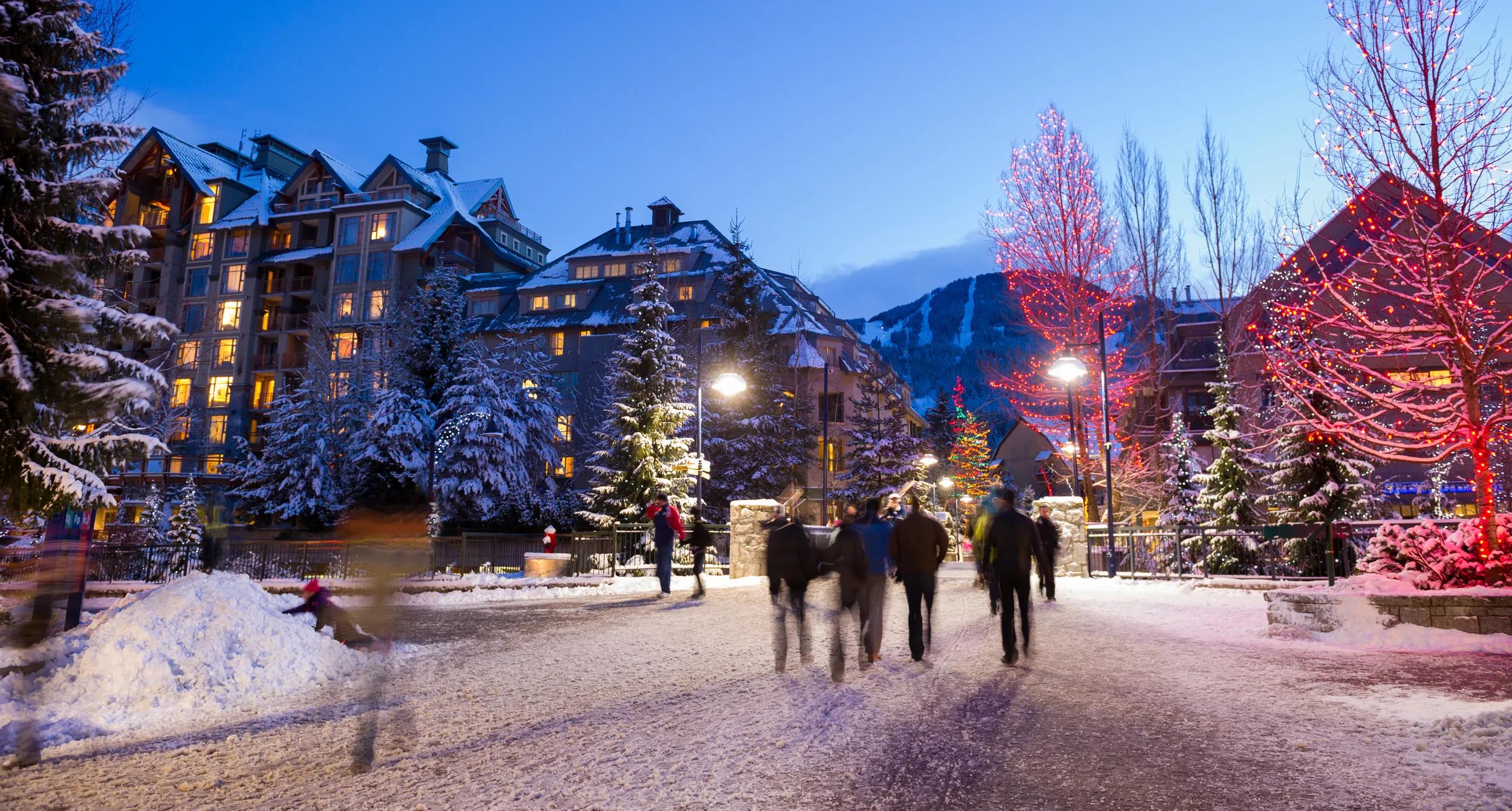Festive evening in Whistler village. Whistler at Christmas. Top ski resorts in the world. Best travel destinations in Canada.