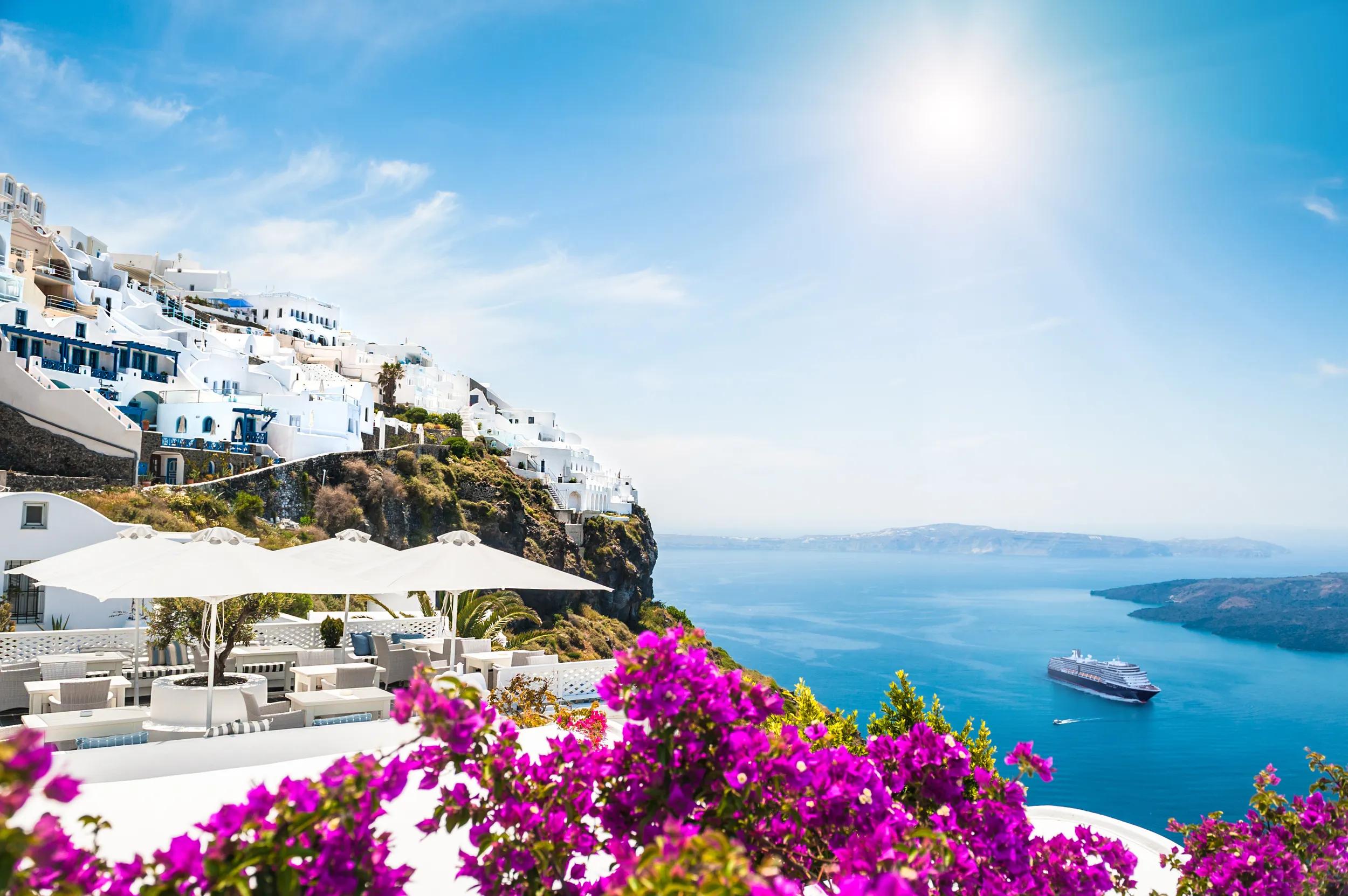 Holland America Line ship in the Mediterranean, Santorini island, Greece - modified Adobe Stock image