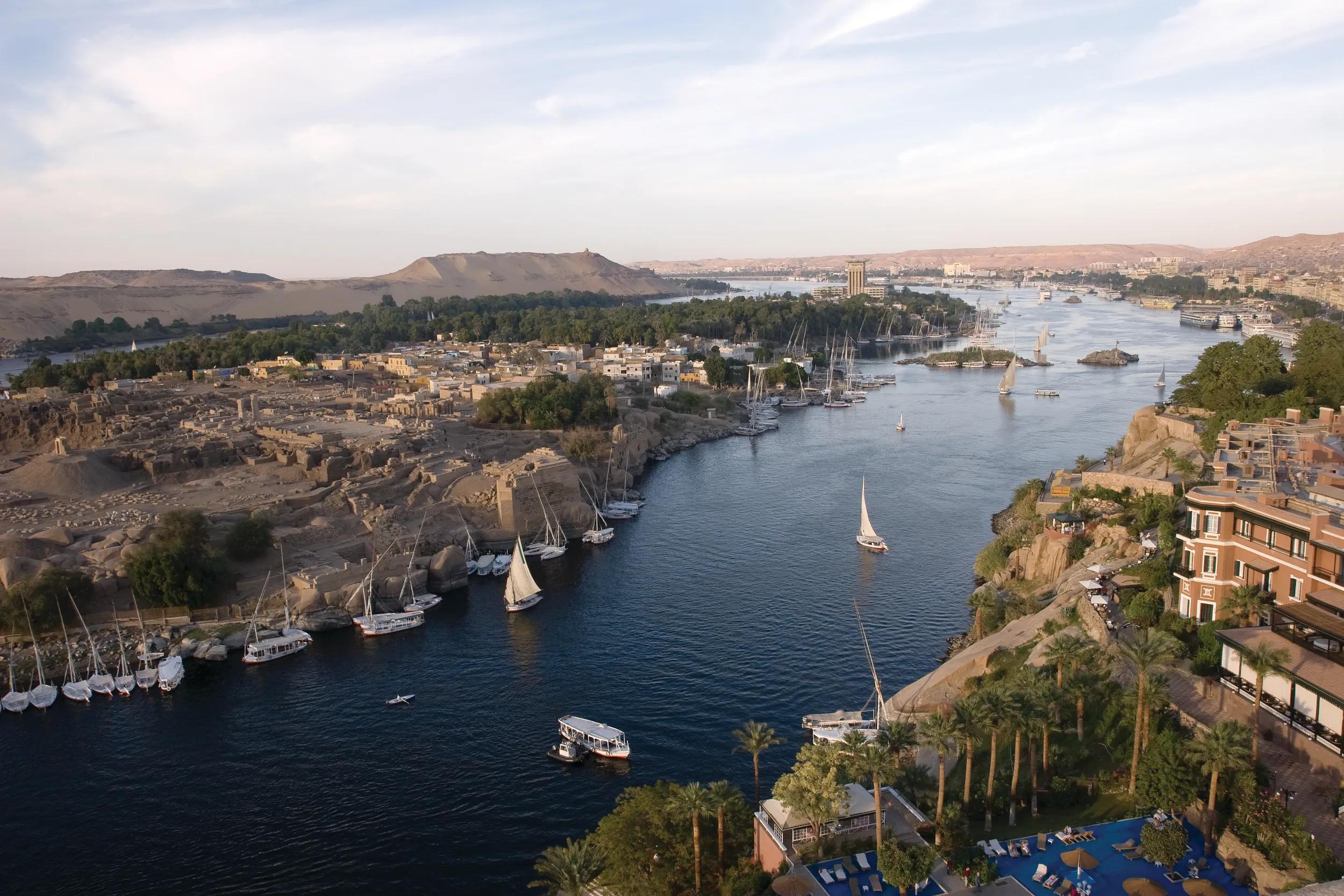 Aerial view of Sehel Island (Elephantine) near Aswan in Eygpt, 2008. Seen from a hotel roof southeast of the island. Sailboats and small tourist boats.