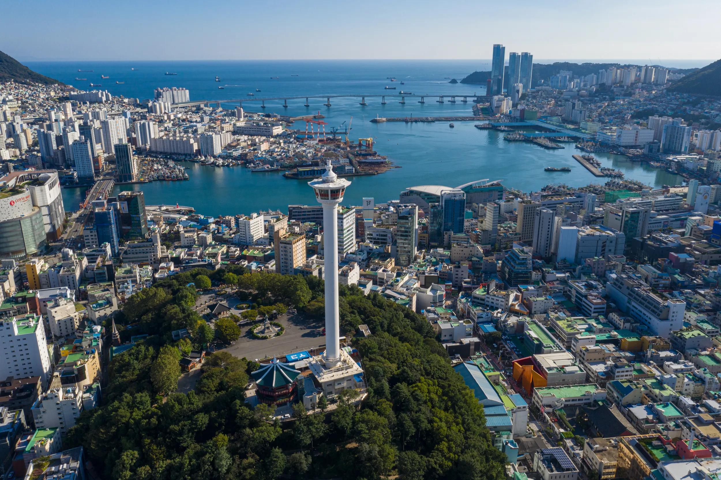 Overlooking the city with Busan Tower in Yongdusan Park. Nampo-dong, Busan, South Korea.