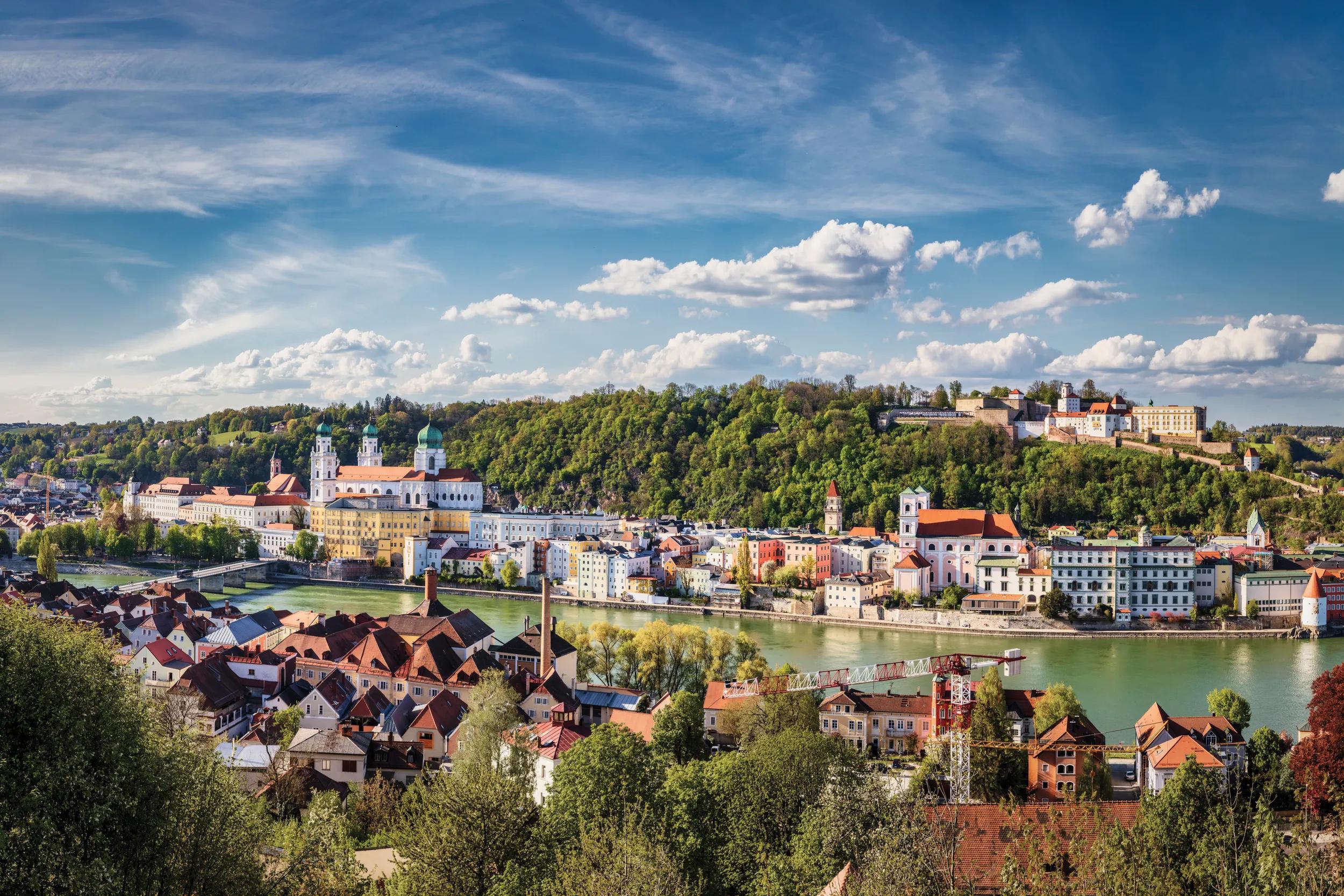 Old town with St. Stephens Cathedral and Veste Oberhaus on the Inn River, Passau, Bavaria, Germany