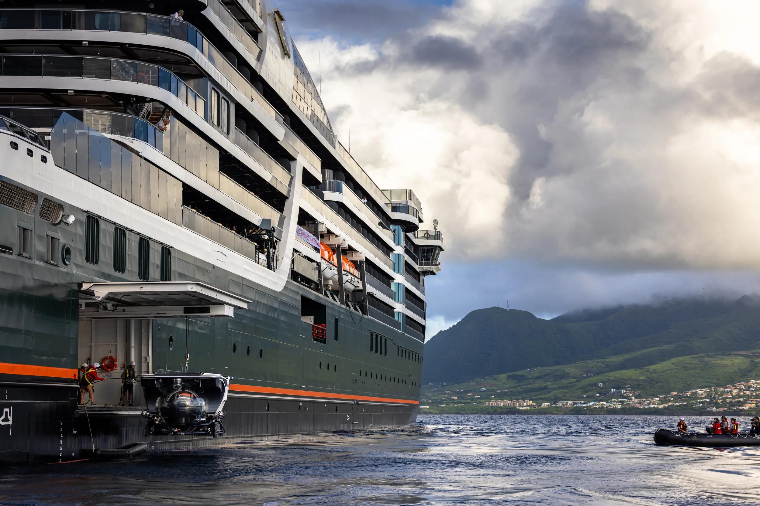 Seabourn Venture Ship exterior side view,  Submarine Launch, Saint Kitts and Nevis.