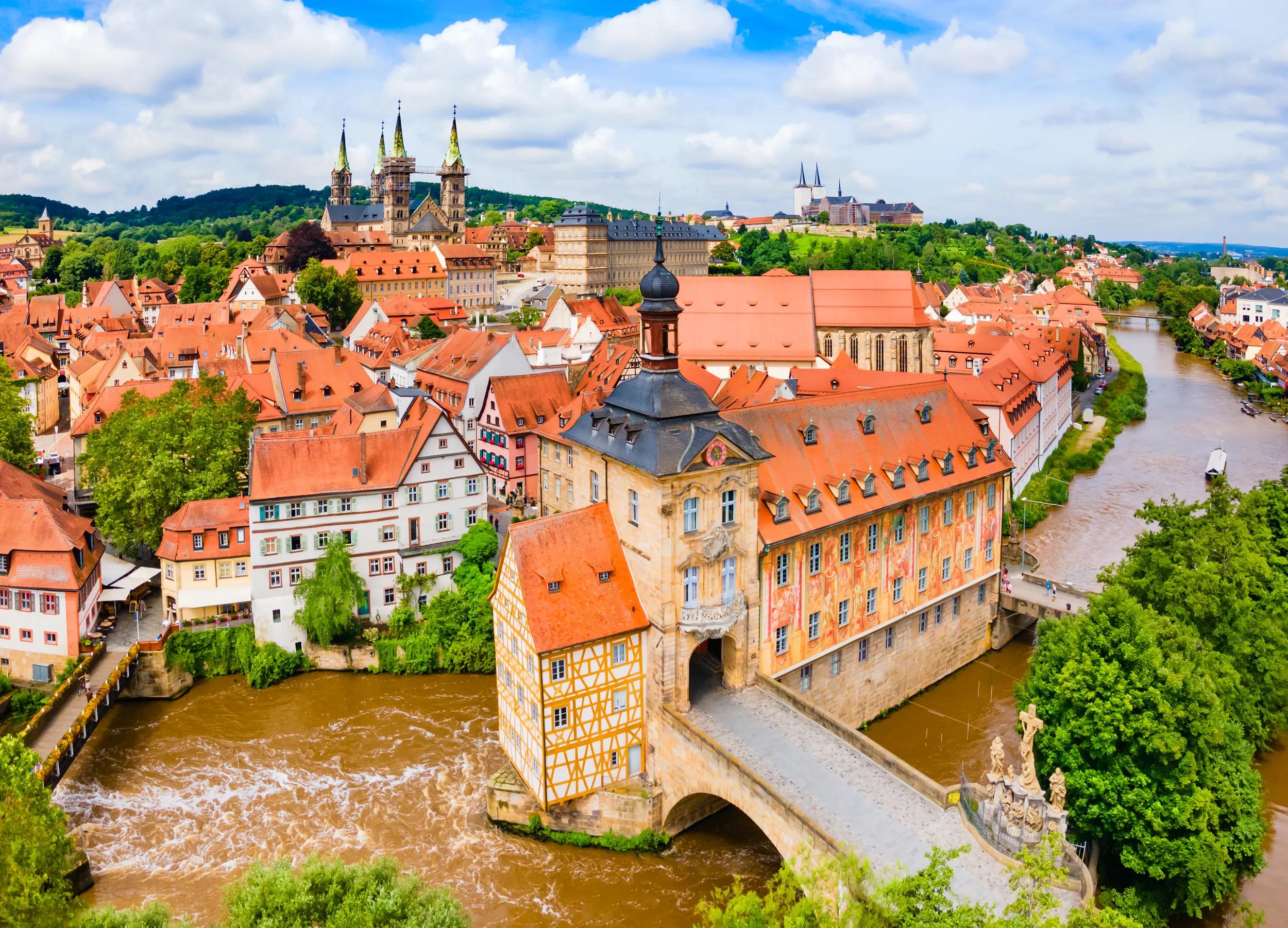 Bamberg Old Town Hall or Rathaus aerial panoramic view. Bamberg is a town on the river Regnitz in Upper Franconia, Bavaria in Germany.