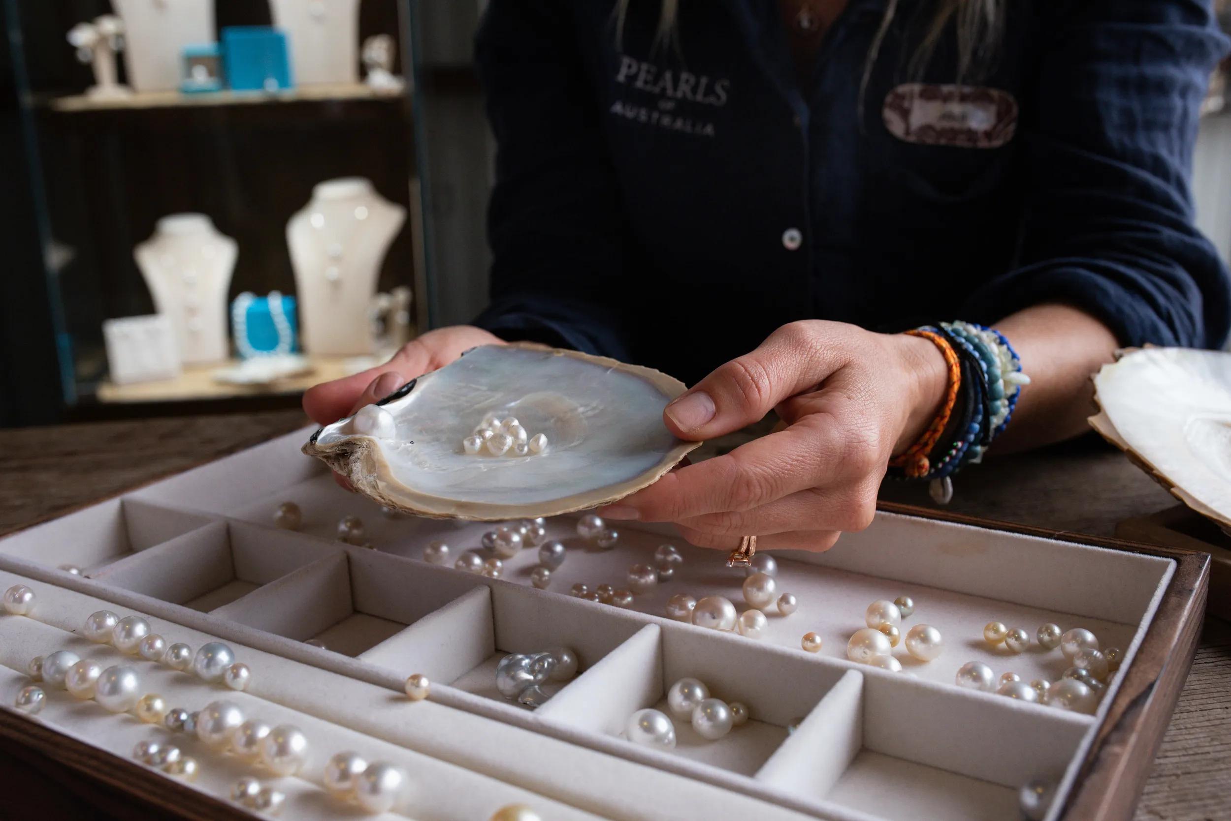 Finished pearls on display, Pearl Appreciation, Broken Bay Pearl Farm, NSW, Australia.