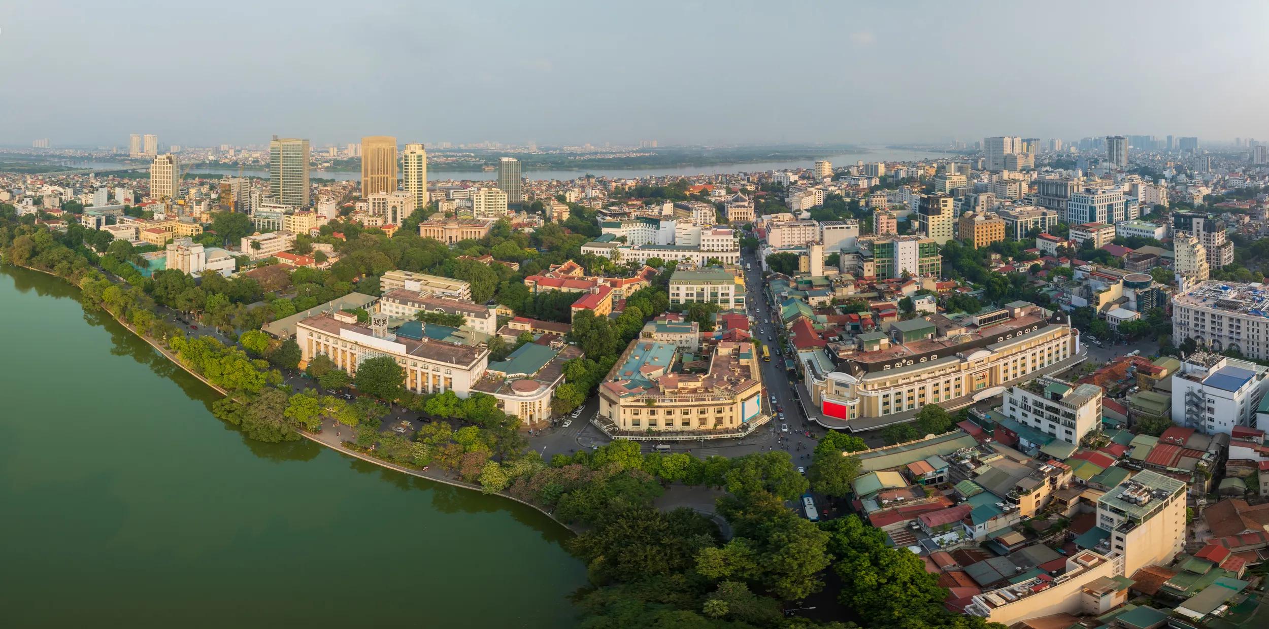 Aerial drone view of Hanoi old quarter in Hoan Kiem district with Trang Tien and Dinh Tien Hoang street