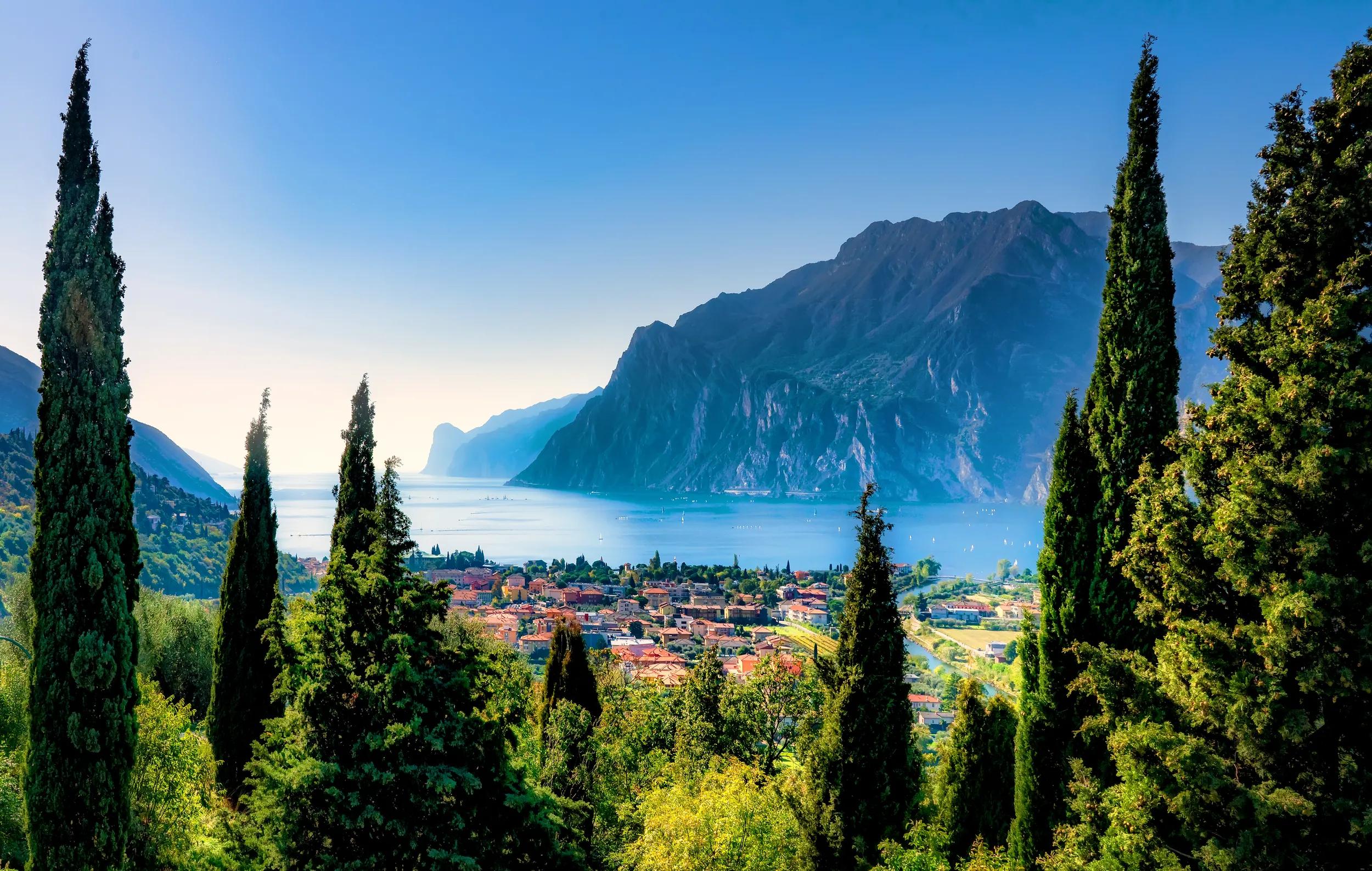 Panoramic view of Torbole, Lake Garda (Lago di Garda) and the mountains, Italy
