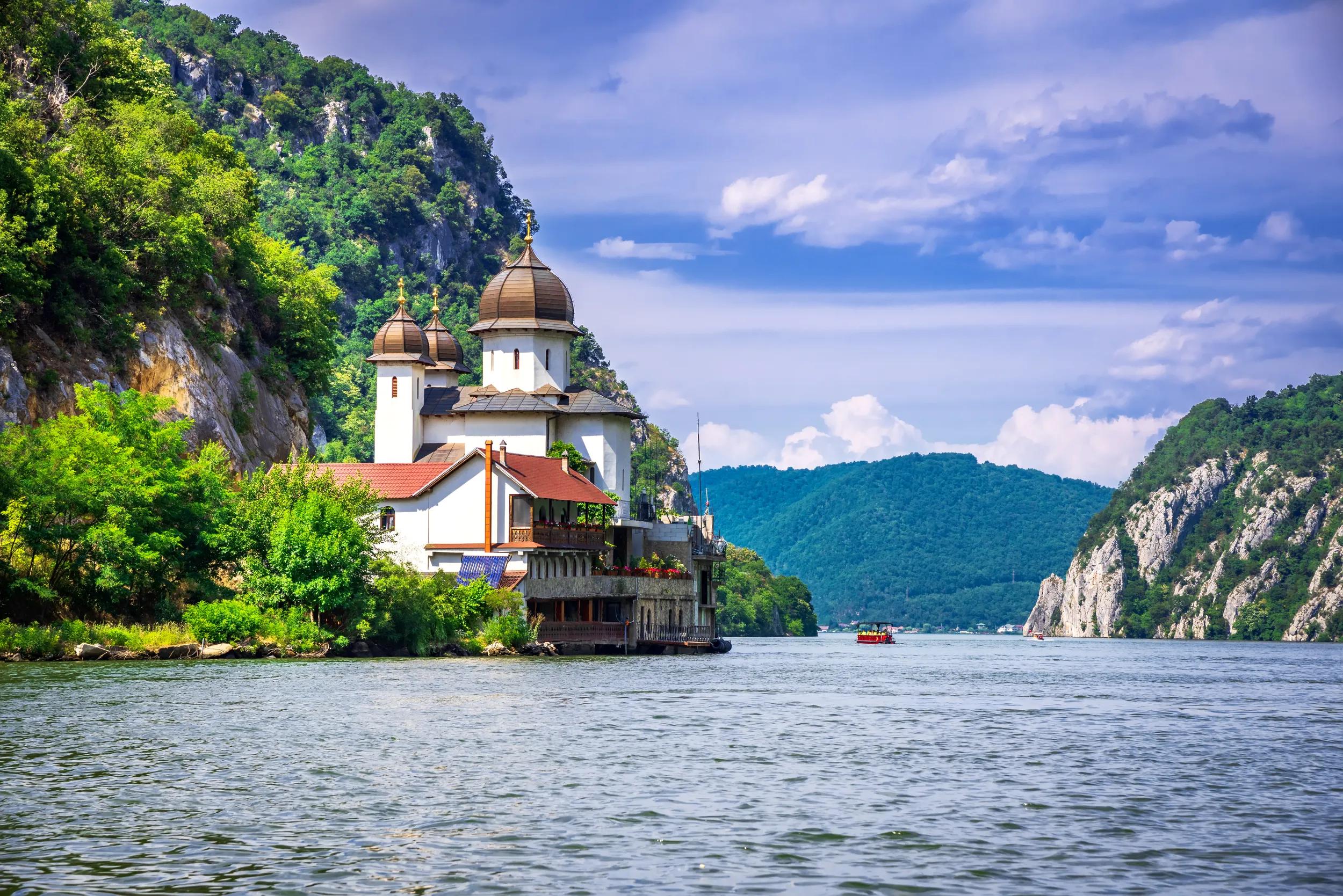 Mraconia, Romania. View of Mraconia monastery on Romanian side of Danube river Djerdap gorge, famous Iron Gates.