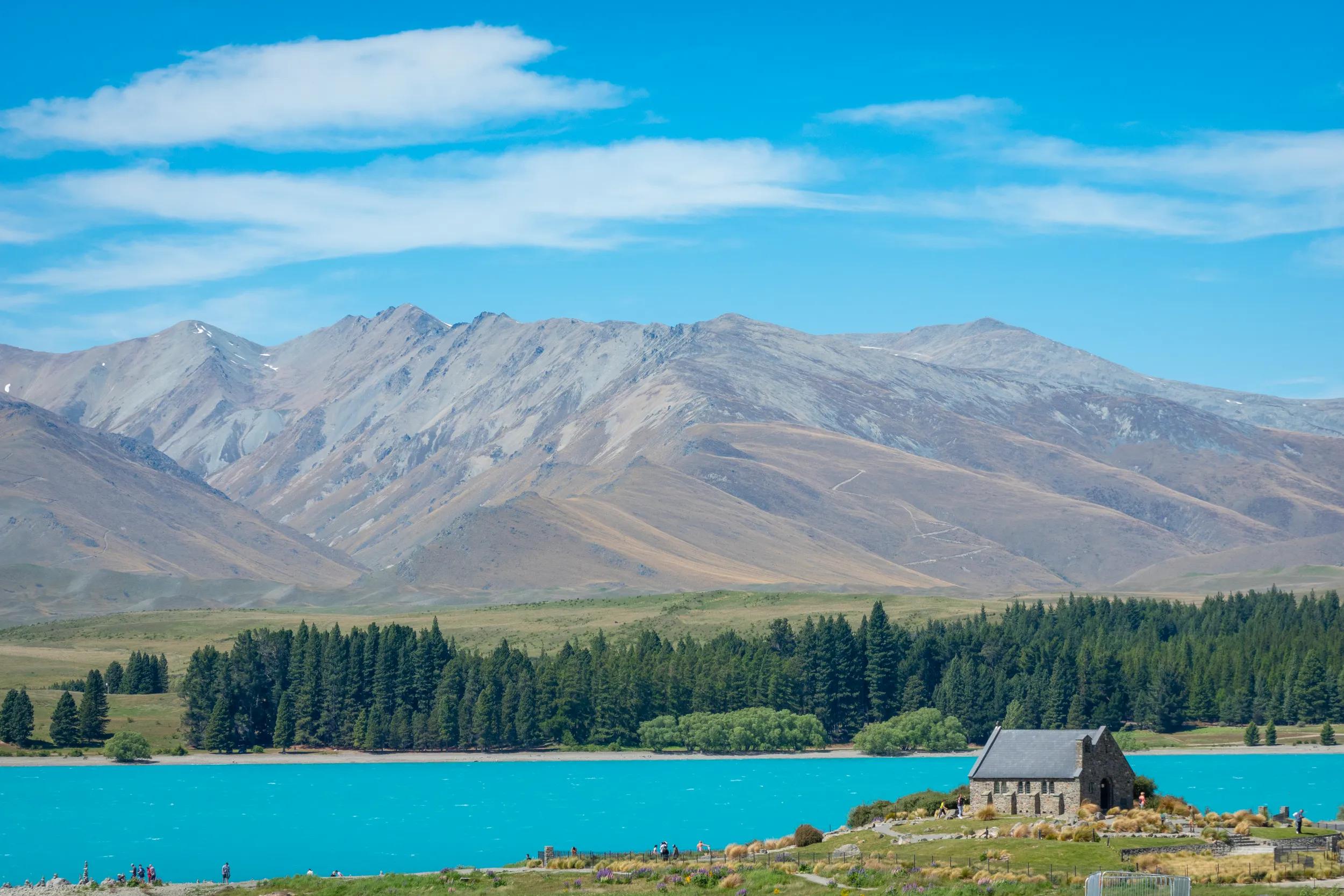 Lake Tekapo vivid landscape with iconic landmark Church of Good Sheppard scene, New Zealand.