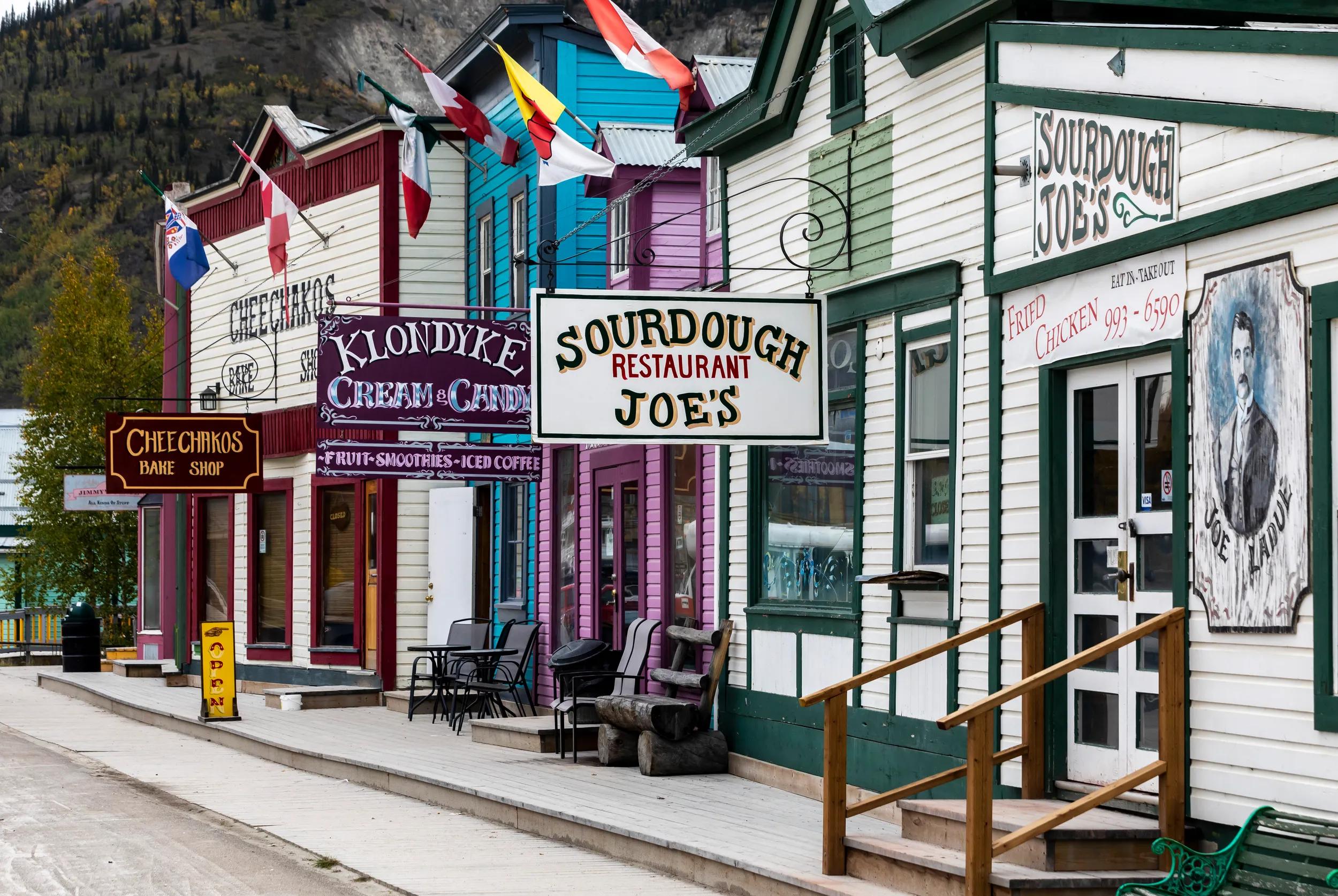 Renovated Gold Rush-era buildings line the streets of Dawson City, Yukon