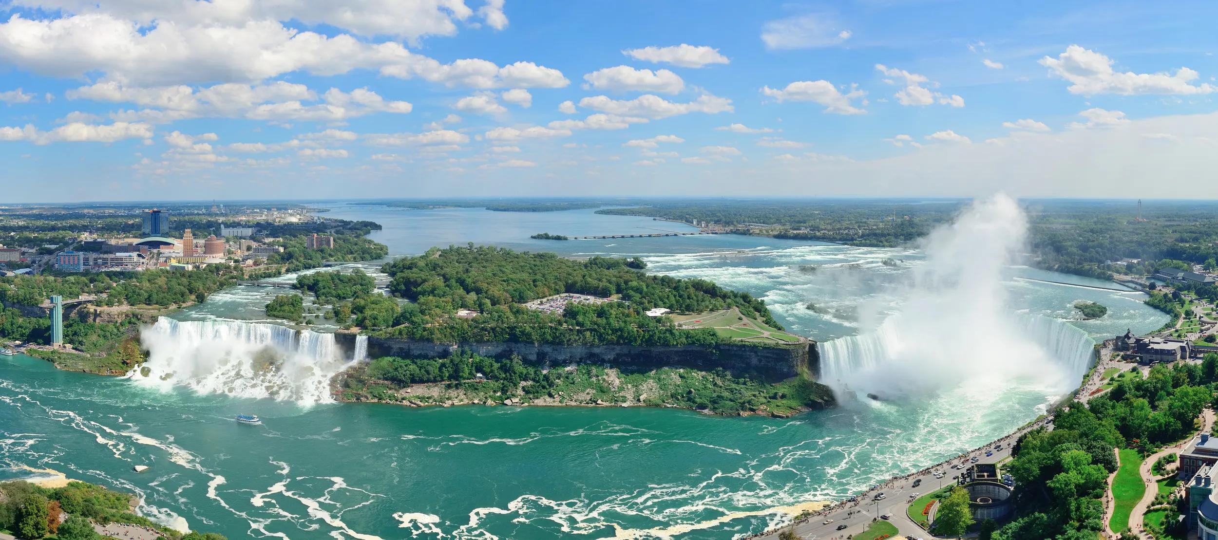 Niagara Falls aerial view panorama with blue sky and cloud