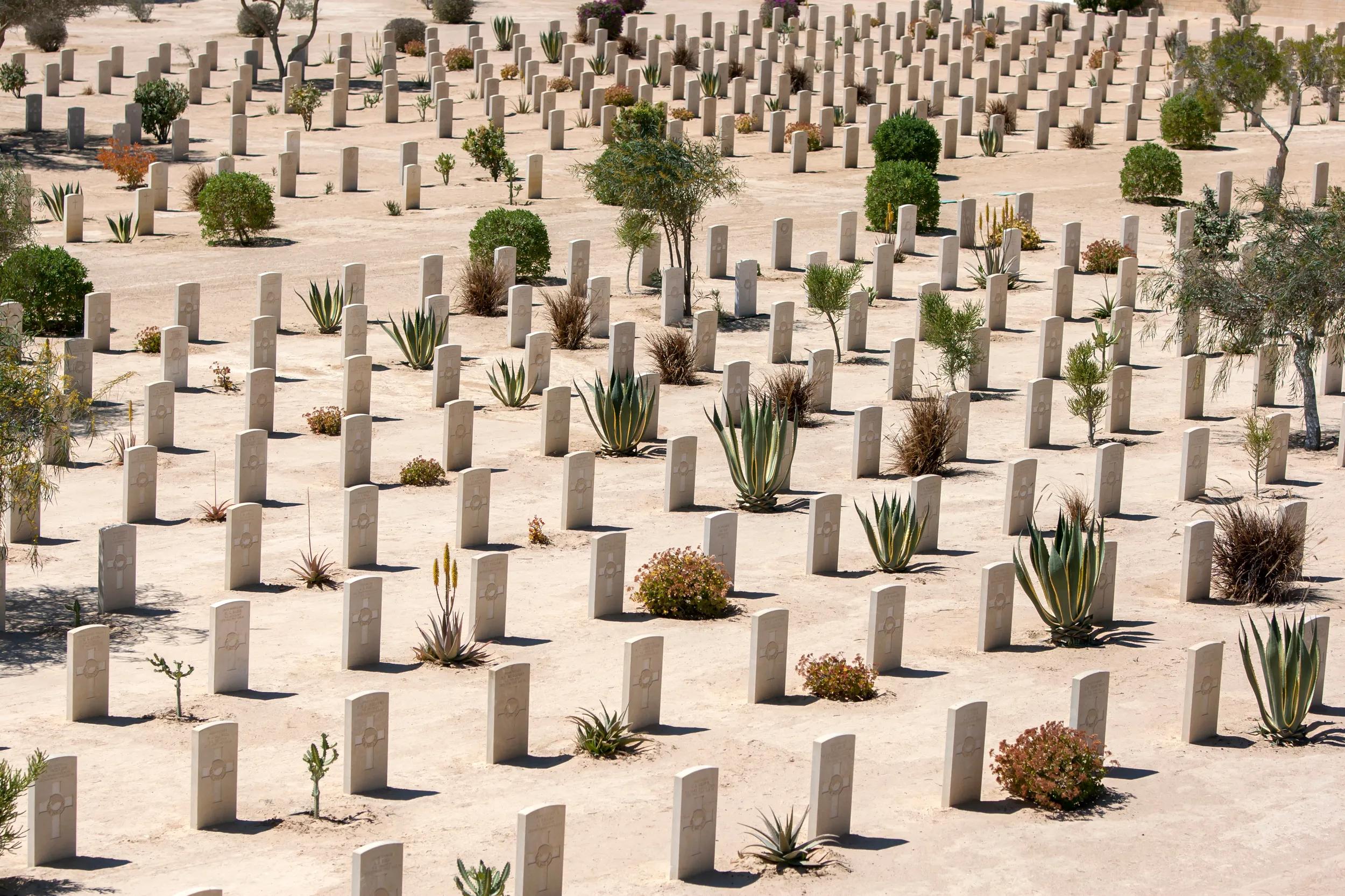 EL ALAMEIN, EGYPT - MARCH 23, 2010 : Commonwealth war graves at El Alamein War Cemetery in northern Egypt. The cemetery contains the graves of British Empire soldiers who died during World War Two.