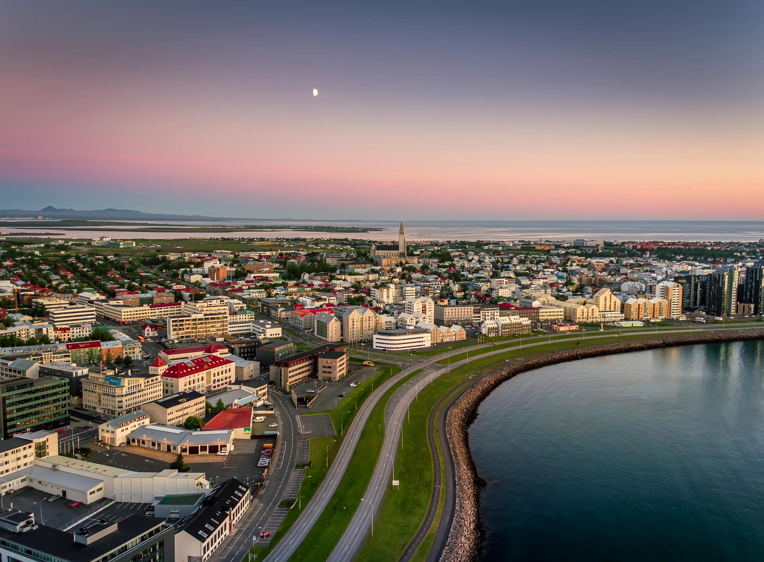 Panoramic view of Reykjavik in the summertime, Midnight sun. This image is shot using a drone.